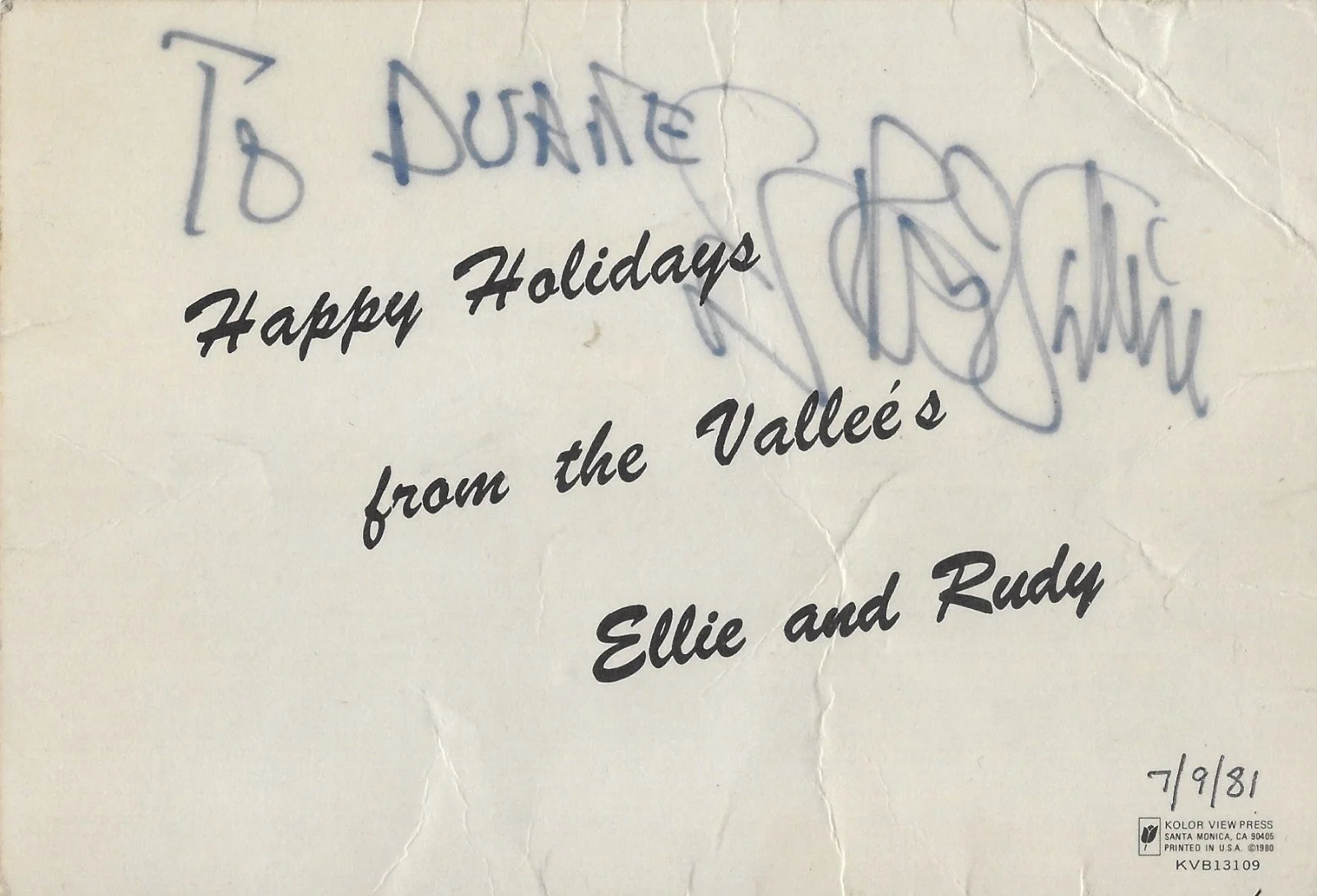 Fun RUDY VALLEE Signed Christmas Postcard, image 2