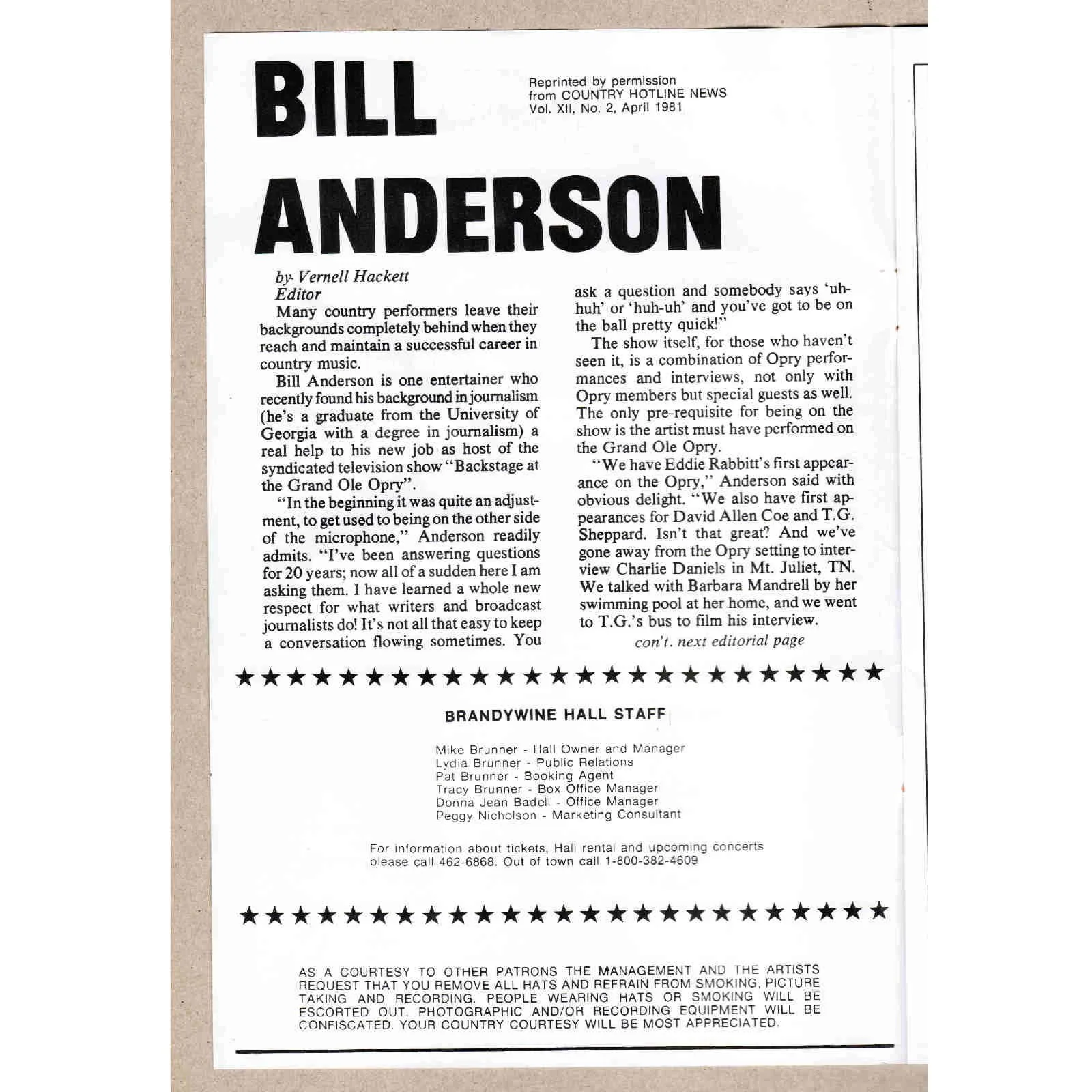 1981 Bill Anderson Signed Autograph Concert Program Brandywine Hall Greenfield, image 3