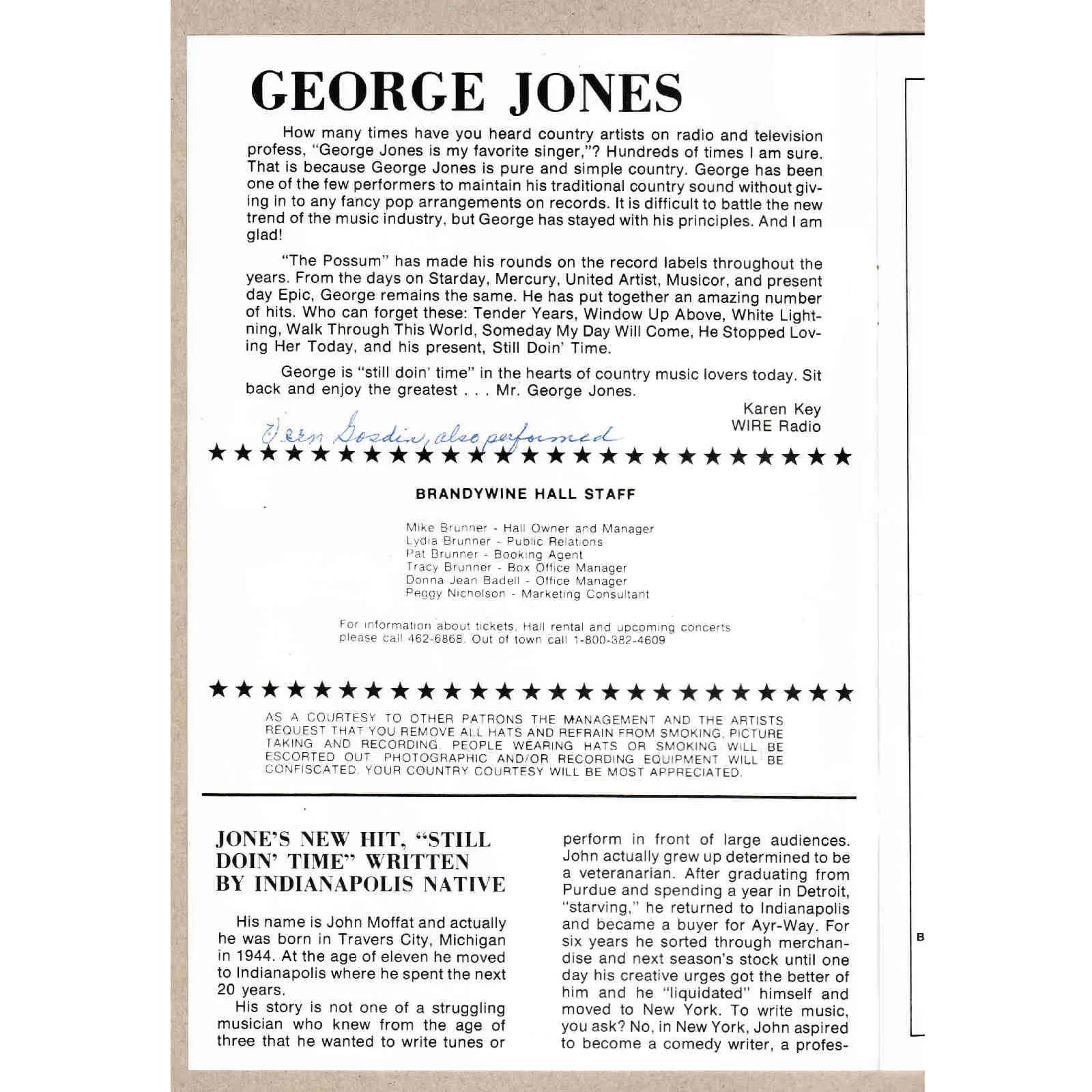 1981 Ron Gaddis Signed Autograph Concert Program Brandywine Hall Greenfield IN, image 3
