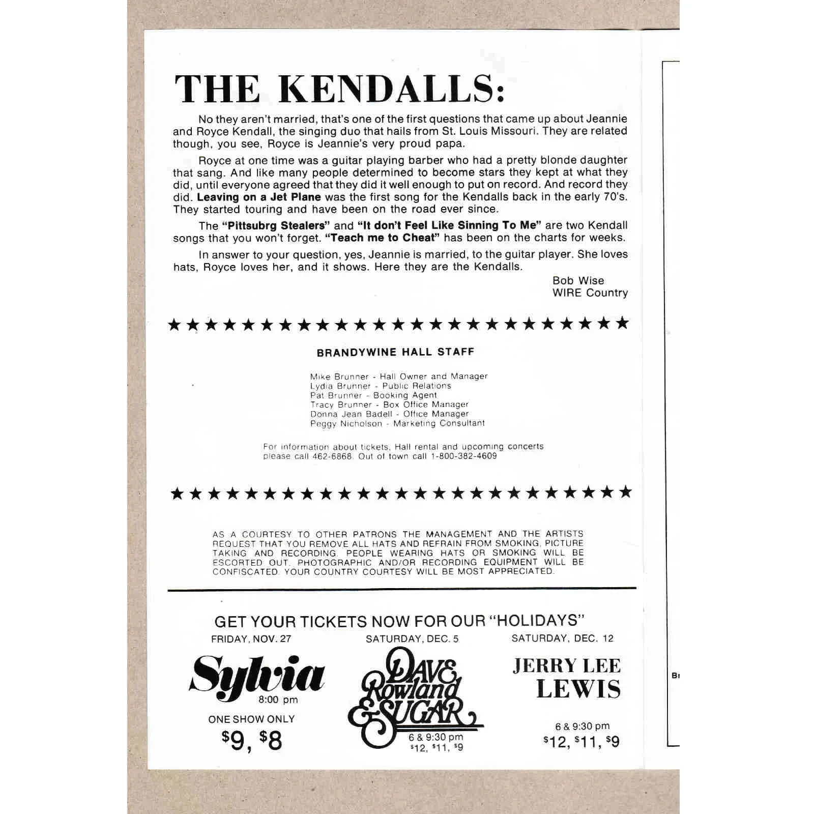 1981 Royce Jeannie Kendalls Signed Autograph Concert Program Brandywine Hall, image 2