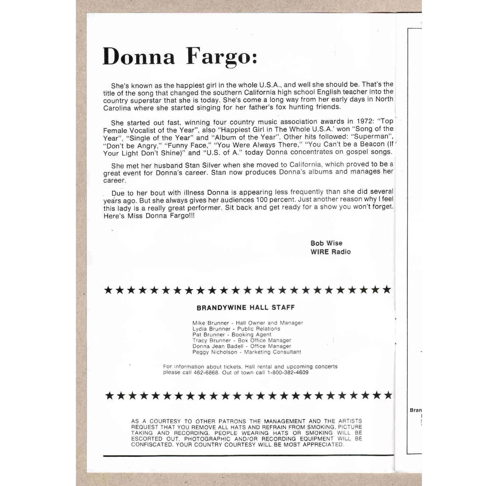 1981 Donna Fargo Signed Autograph Concert Program Brandywine Hall Greenfield IN, image 3