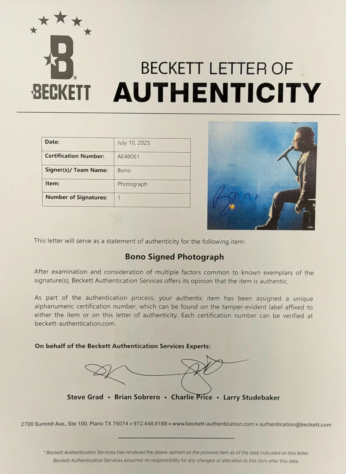 Bono — Bono U2 Signed 11x14 Photo Authentic Autograph Beckett LOA, изображение 4