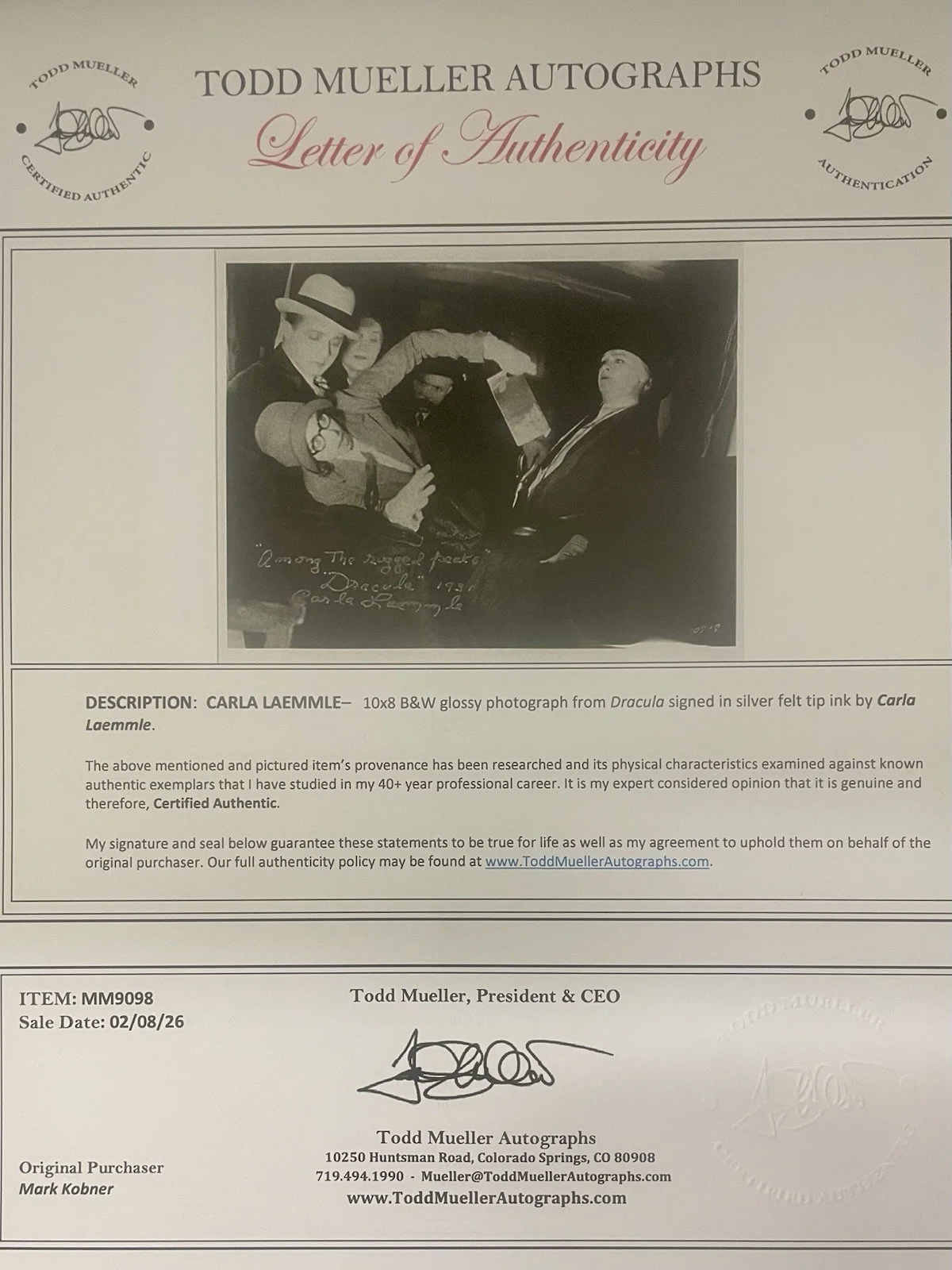 Carla Laemmle — Carla Laemmle “Dracula” Signed Vintage 8x10 Photo With Inscription And COA, изображение 3