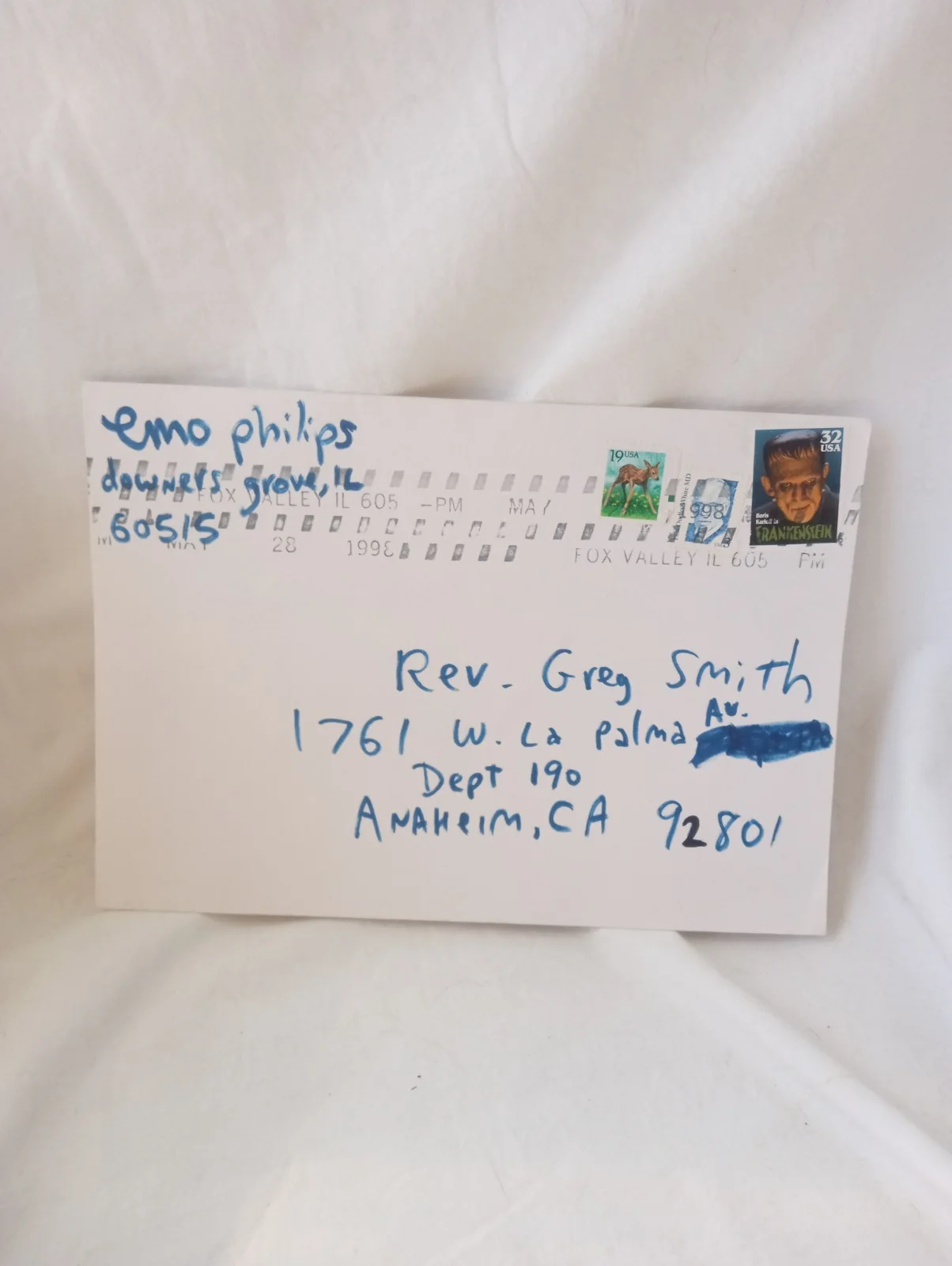 Emo Philips — Emo Philips Autographed Signed Mailing Envelope To Reverend Greg Smith, image 2