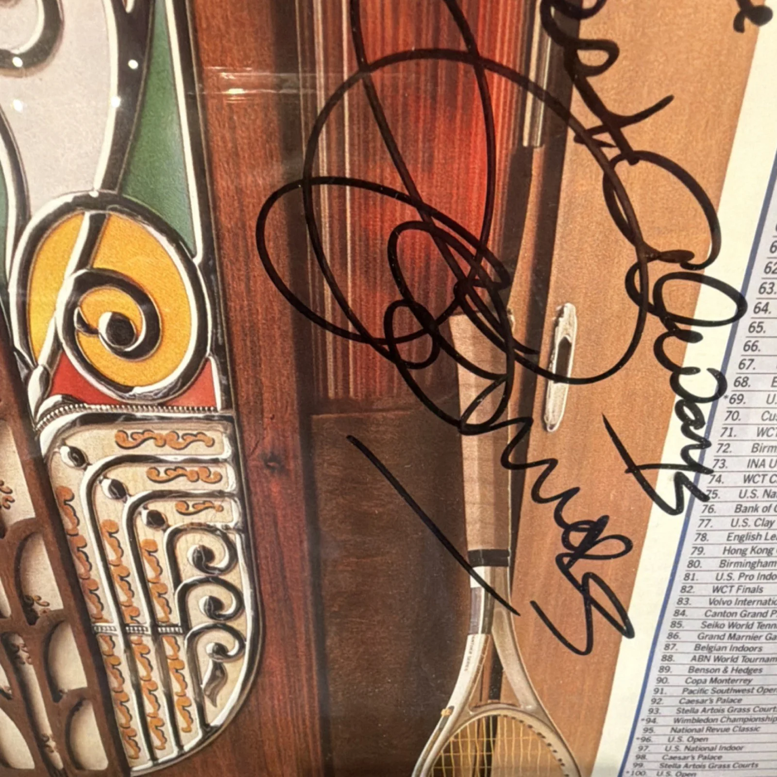 Framed Autographed #1 Singles Chart Memorabilia with Jukebox & Tennis Racket, image 2