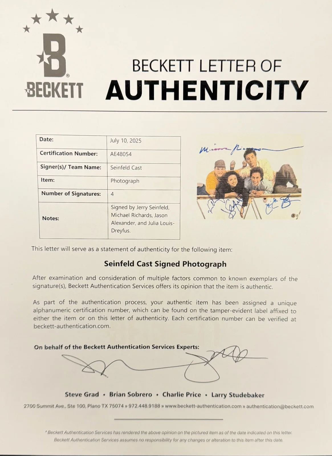 Jerry Seinfeld — Seinfeld Cast Signed 11x14 Photo Richards Dreyfus Alexander Auto Beckett LOA, изображение 4