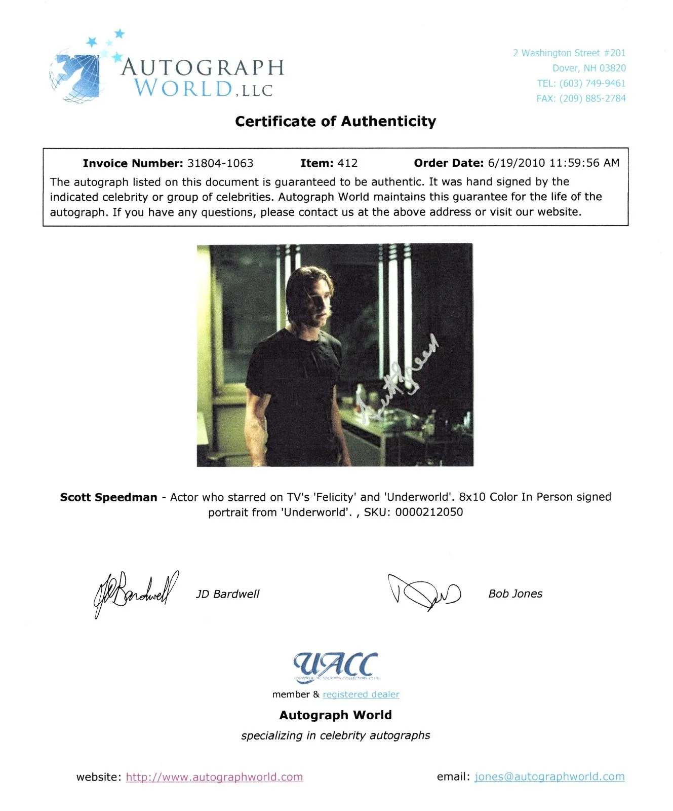 Scott Speedman — AUTOGRAPHED 8X10 SIGNED BY SCOTT SPEEDMAN IN UNDERWORLD UACC COA, image 2