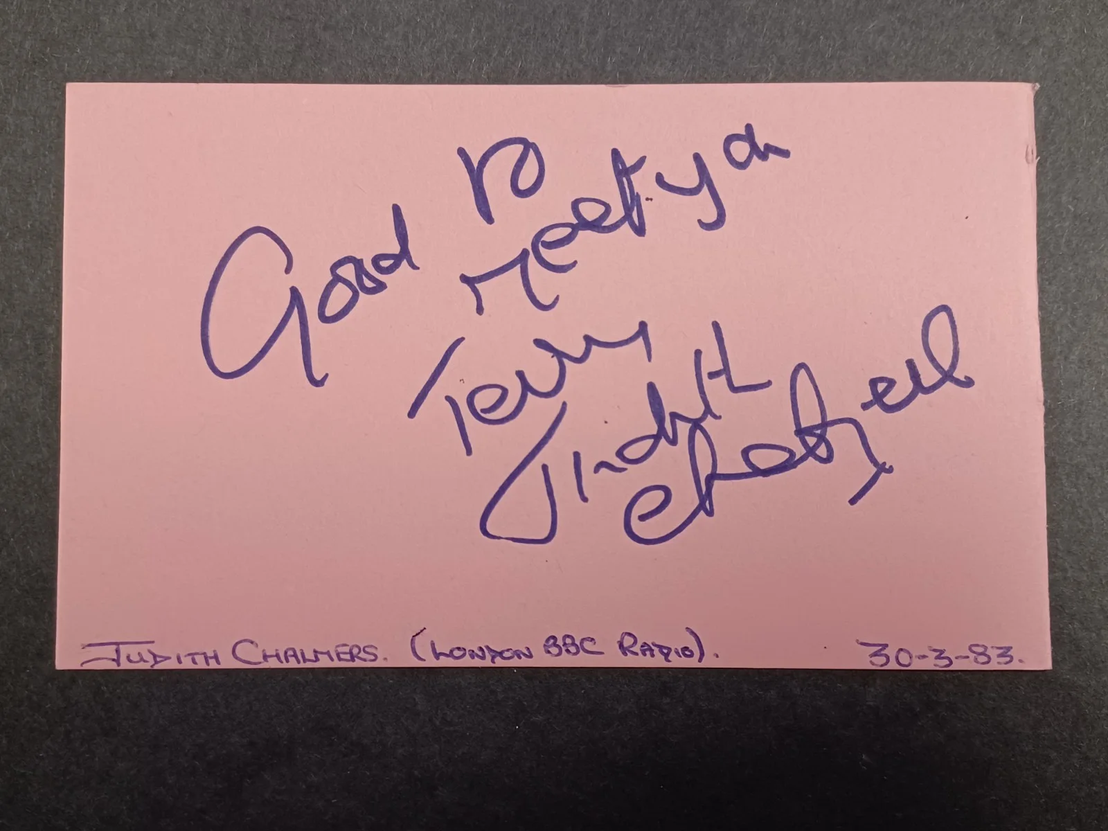 Anne Aston & Judith Chalmers Signed Index Card - TV Presenters, image 2