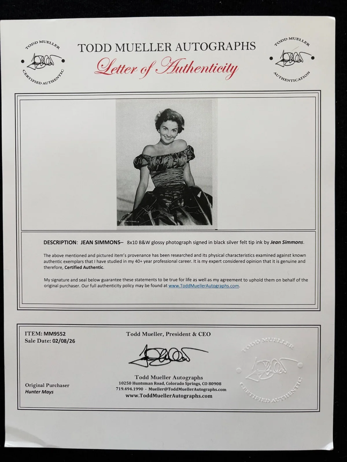 Jean Simmons — Vintage JEAN SIMMONS Strikingly Glamorous 8x10 Signed Autographed Photo With COA, image 5