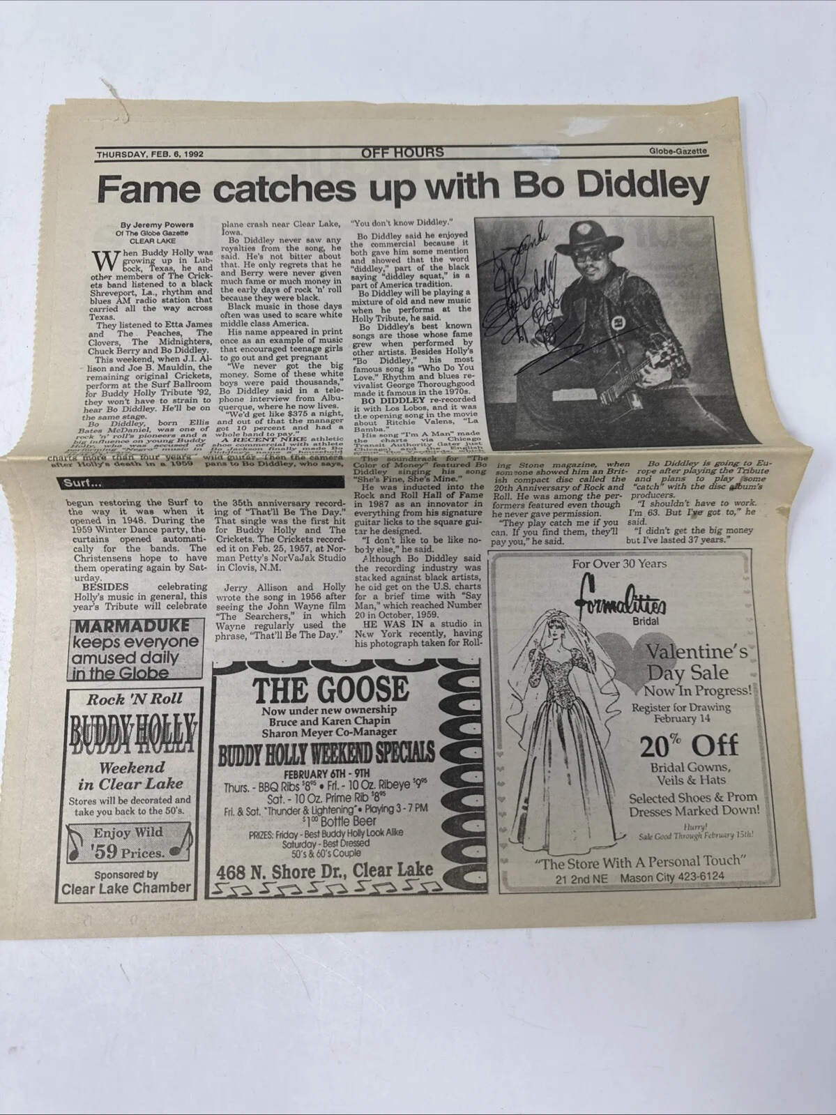 1992 BO DIDDLEY Autograph Signed Newspaper Globe Gazette Vintage, image 3