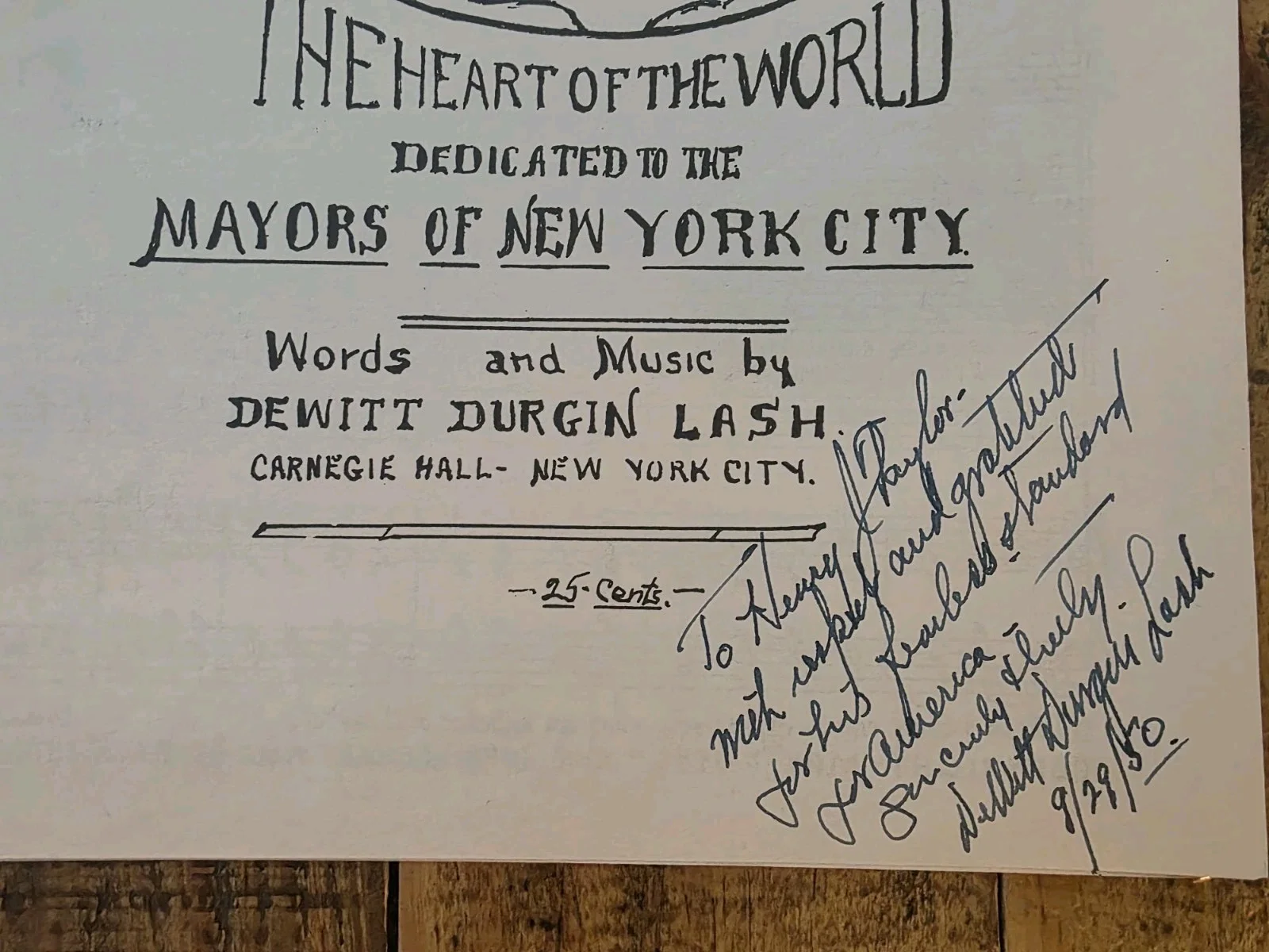 Dewitt Durgin Lash — Carnegie Hall "The Heart Of The World" Music Program Signed By Composer..., изображение 2