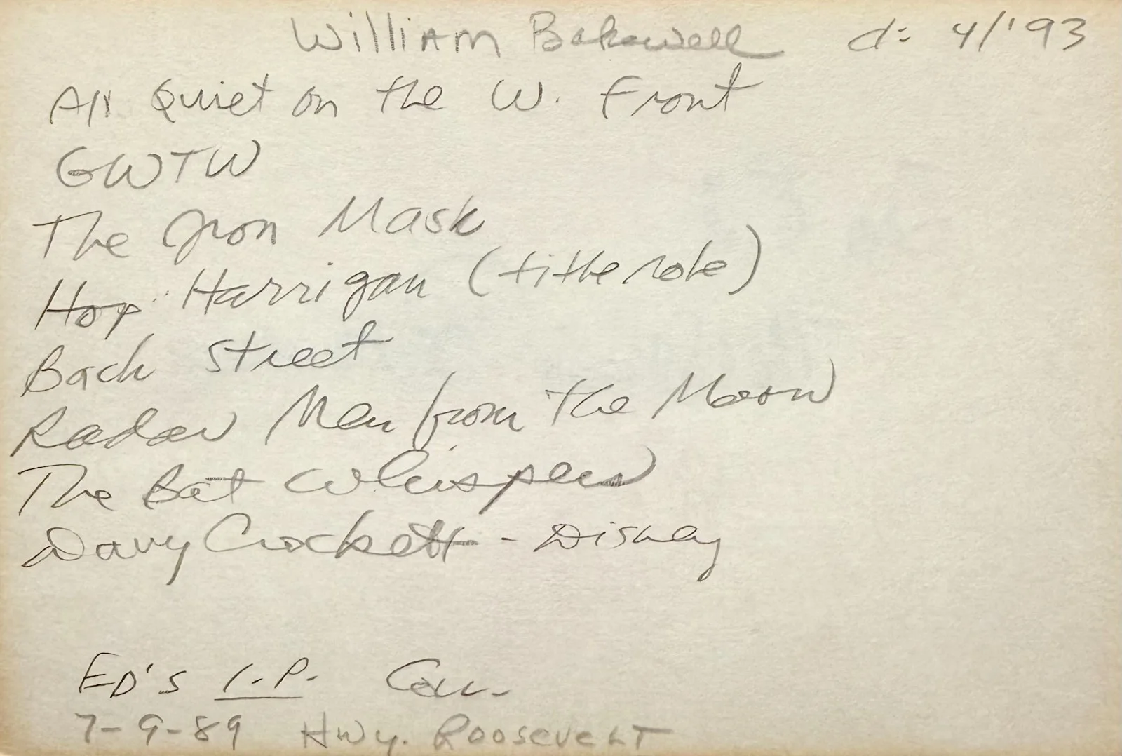 William Bakewell — WILLIAM BAKEWELL Signed Autograph 4x6 INDEX CARD The Bat Radar Men from the Moon, изображение 2