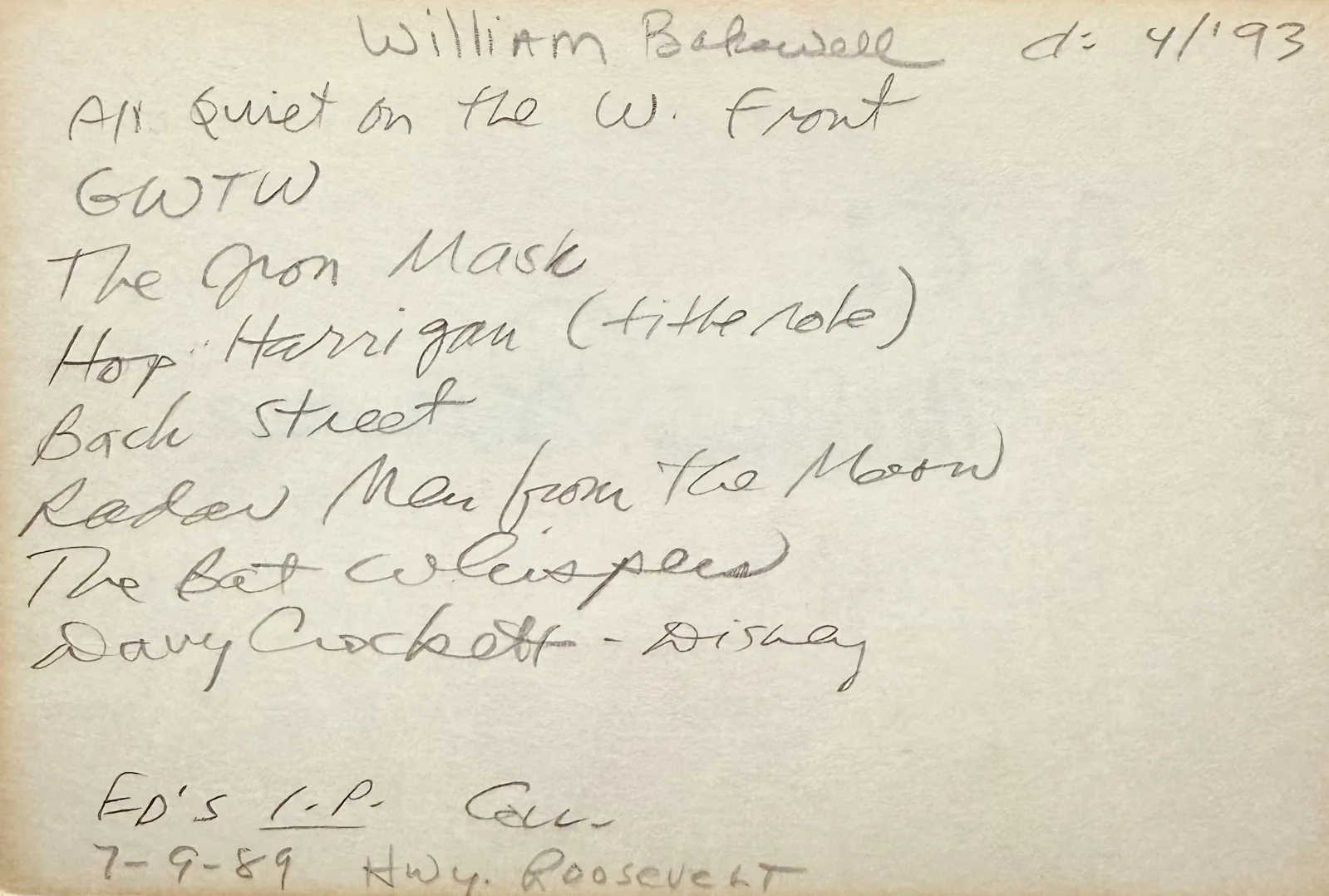 William Bakewell — WILLIAM BAKEWELL Signed Autograph 4x6 INDEX CARD The Bat Radar Men from the Moon, изображение 4