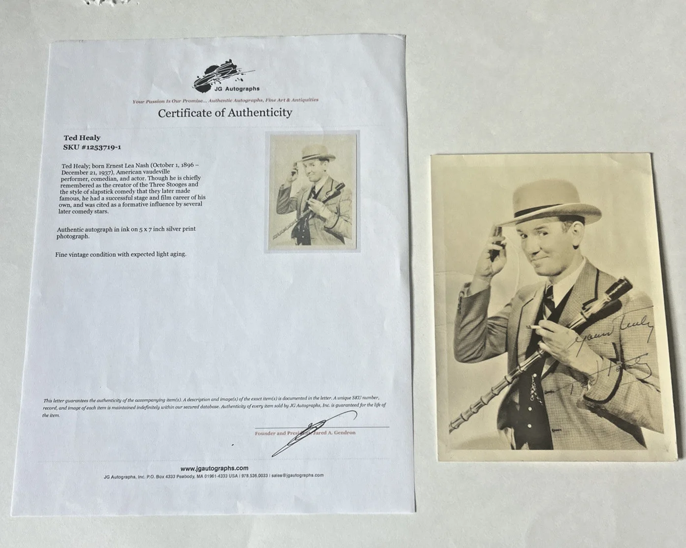 Ted Healy — VTG 3 5" x 7" Stooges Creator TED HEALY autographed photo-cane-bowler-signed-COA