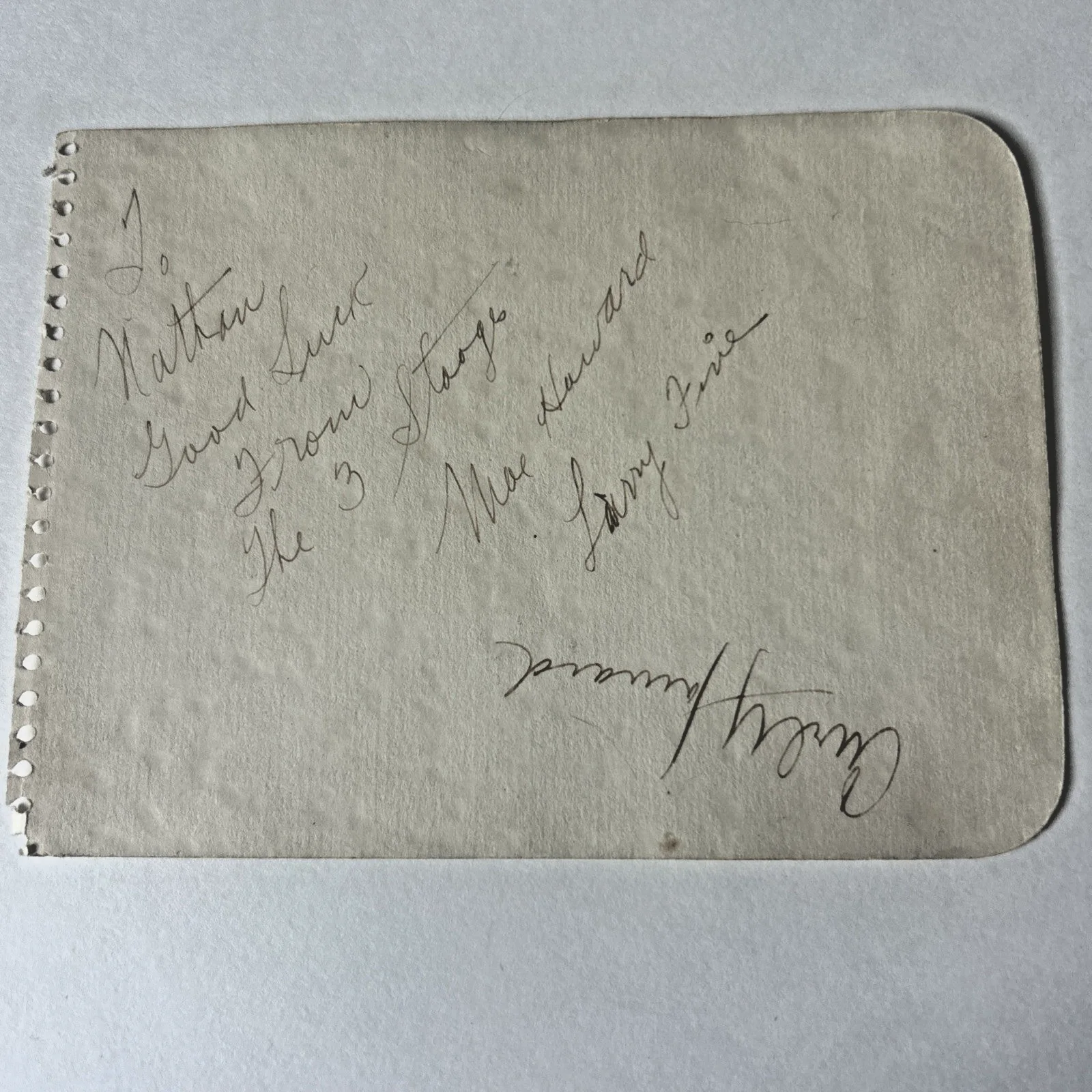 Moe. Larry, Curly -The Three Stooges — VTG Three Stooges Autographed Page Cut Moe Howard-Larry Fine-Curly Howard- COA, изображение 2