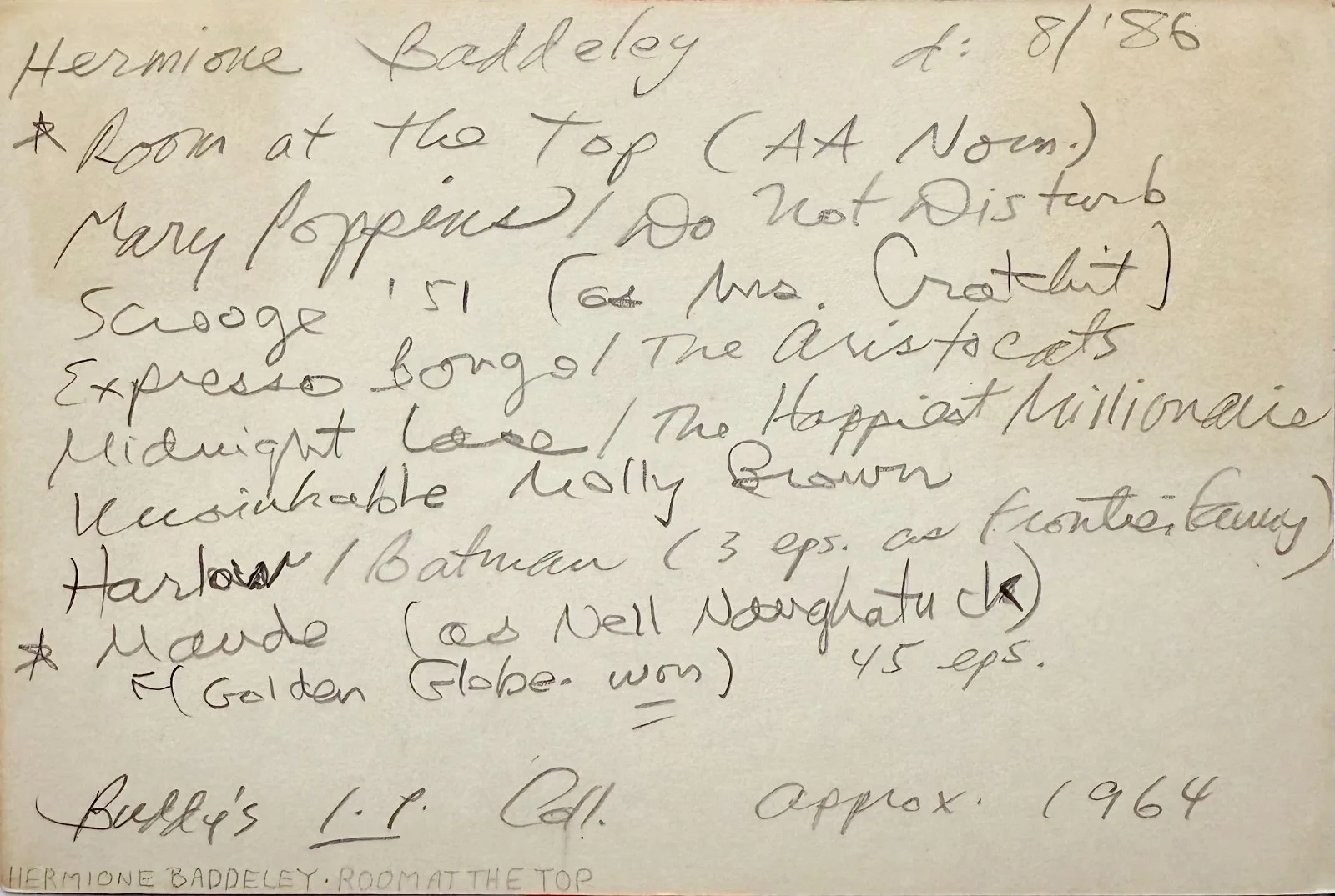 Hermione Gingold — HERMIONE GINGOLD SIGNED Autographed 4"x 6 " INDEX CARD GIGI WINTER of the WITCH, изображение 2