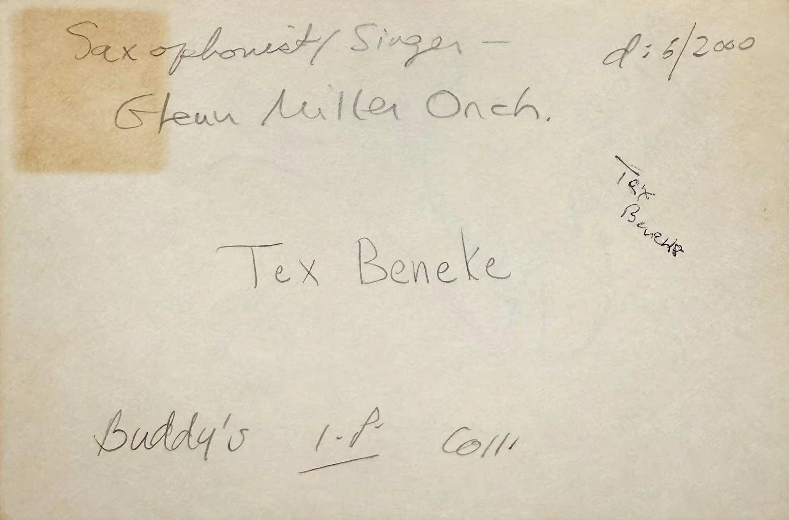 TEX BENEKE Signed Autographed 4x6 INDEX CARD Saxophonist Glenn Miller Orchestra, изображение 2
