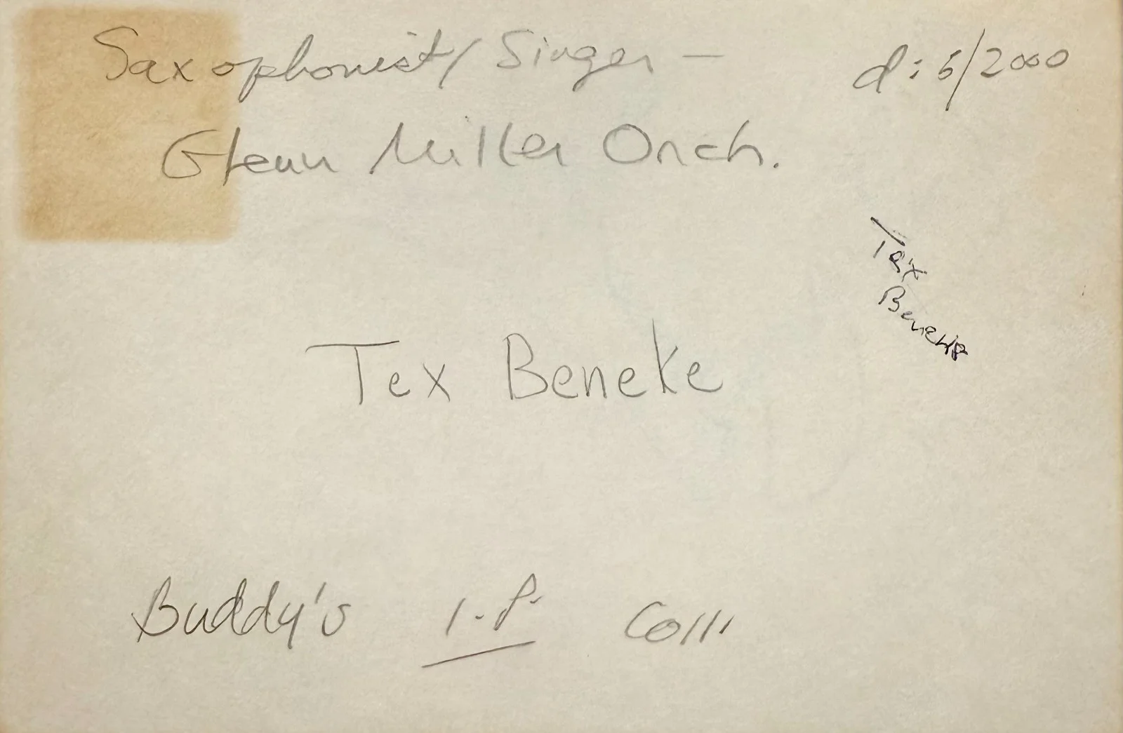 TEX BENEKE Signed Autographed 4x6 INDEX CARD Saxophonist Glenn Miller Orchestra, изображение 4