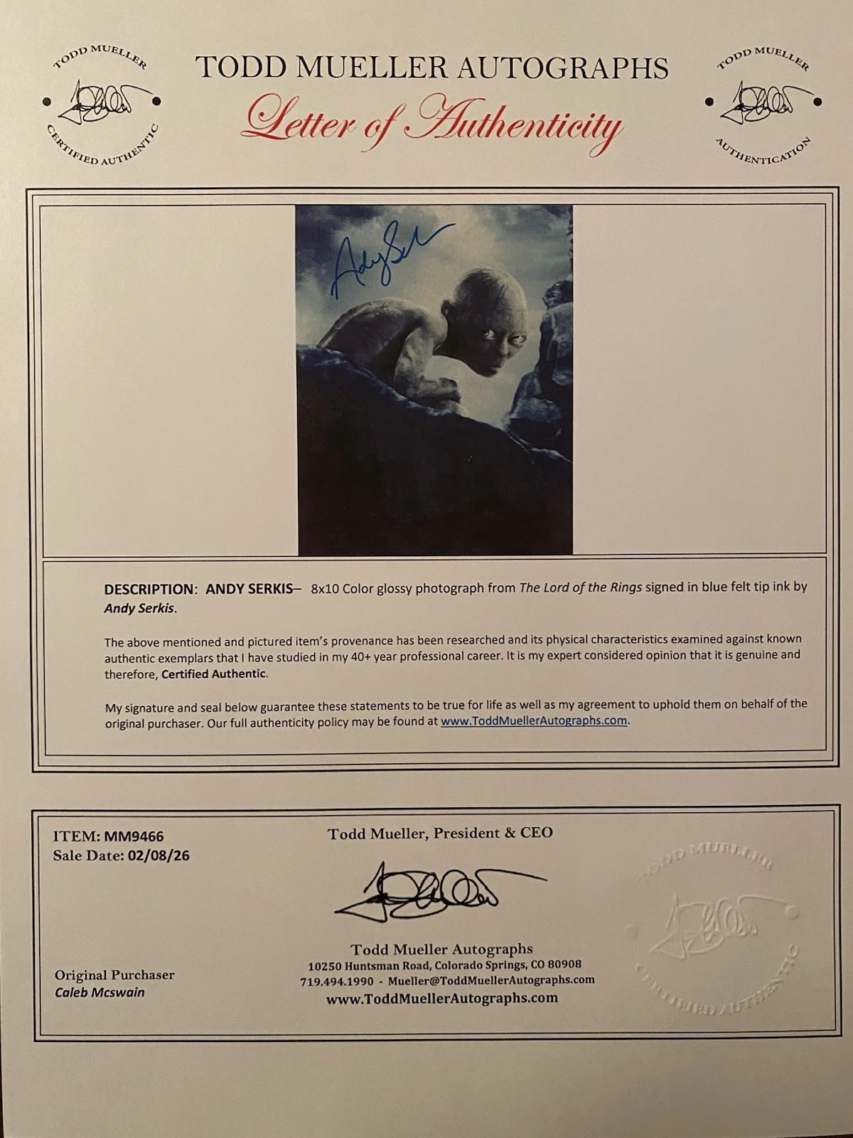 Andy Serkis — Andy Serkis Signed Autographed Gollum Photo With COA The Lord Of The Rings, изображение 4