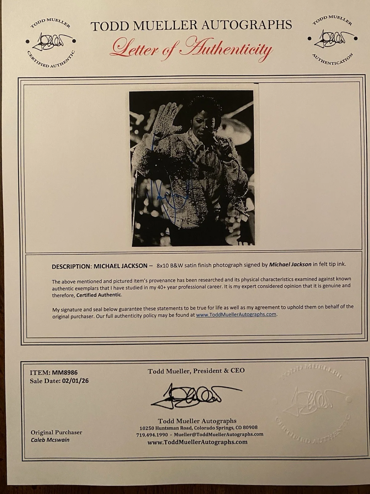 Michael Jackson Signed Autographed Photo With COA Pop Singer King Of Pop, image 4