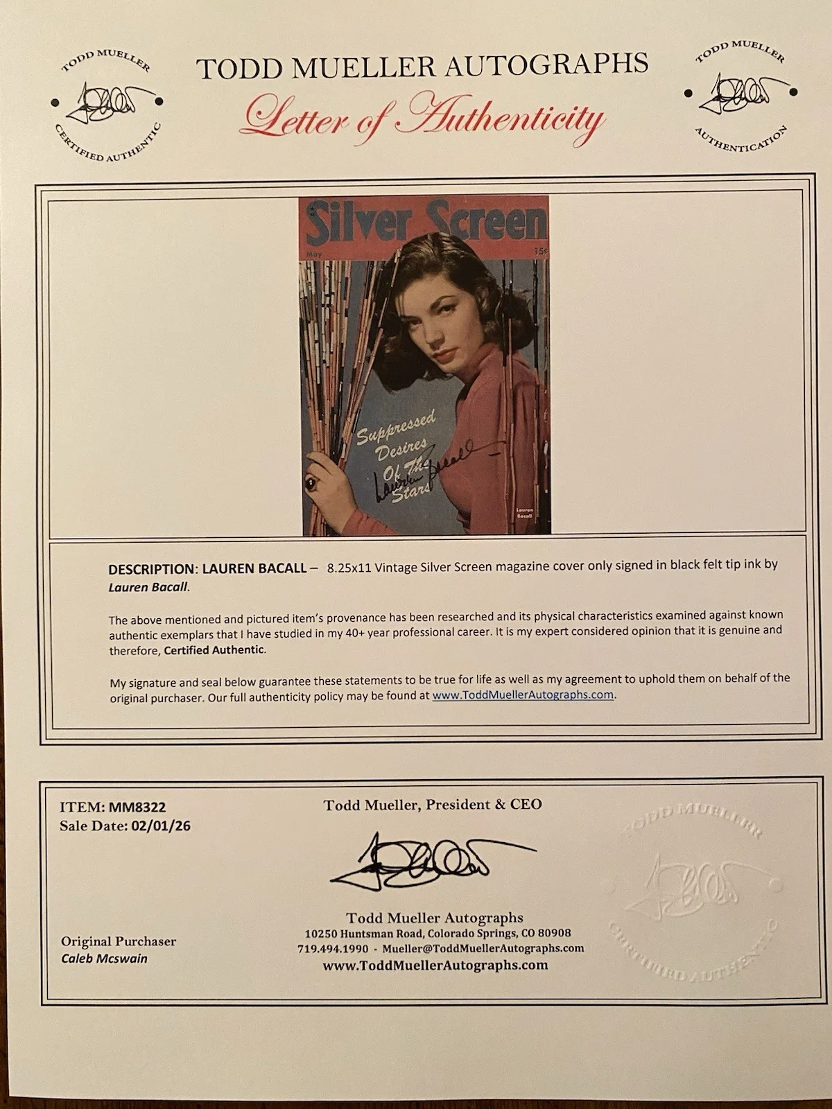 Lauren Bacall — Lauren Bacall Signed Autographed Silver Screen Magazine Cover With COA, image 4