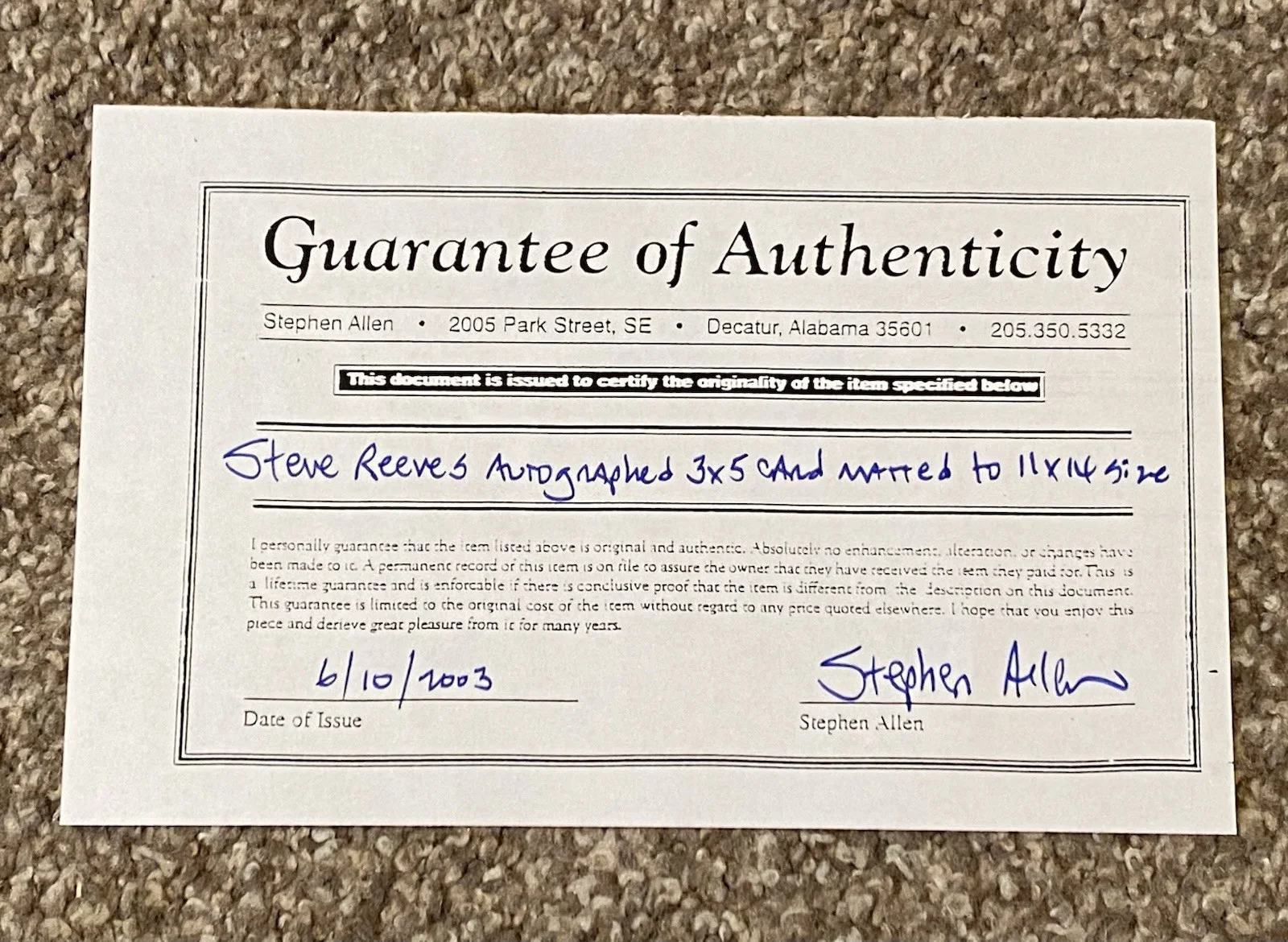 Actor Steve Reeves Hercules Signed & Matted Notecard with Picture & COA, изображение 4
