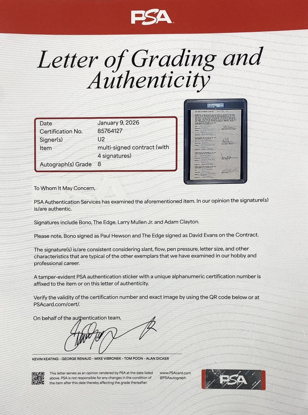 u2 — U2 Full Band Signed Legal Document - Bono, The Edge, Clayton, Mullen – PSA, изображение 4