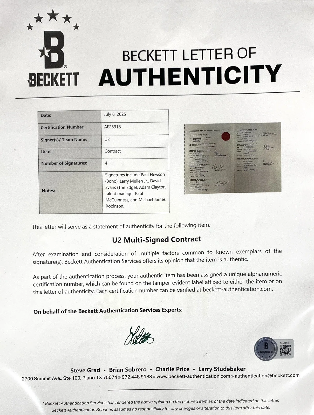 u2 — U2 Full Band Signed Legal Document - Bono, The Edge, Clayton, Mullen – PSA, изображение 5