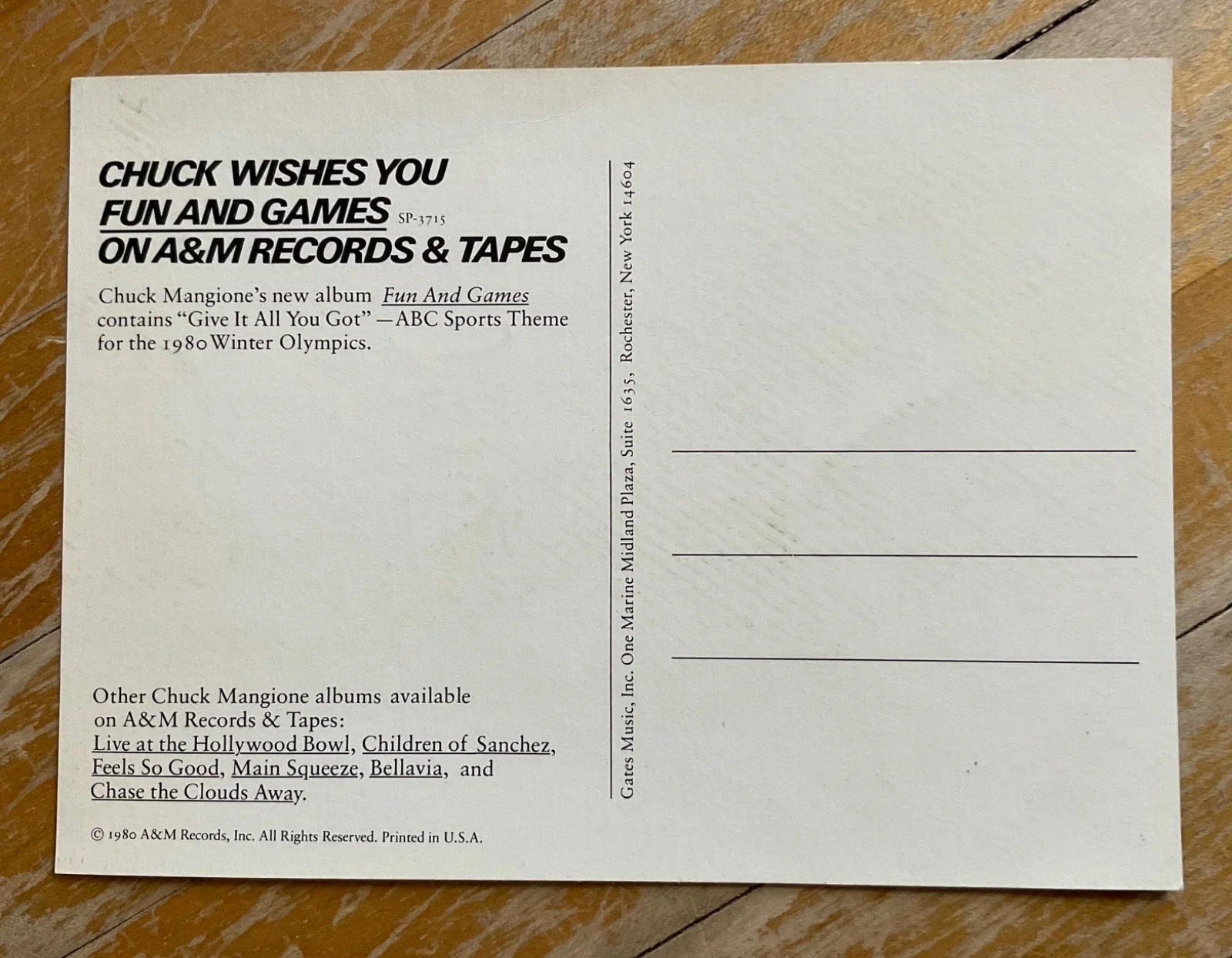 CHUCK MANGIONE HAND SIGNED AUTOGRAPHED = POSTCARD FUN AND GAMES, image 2