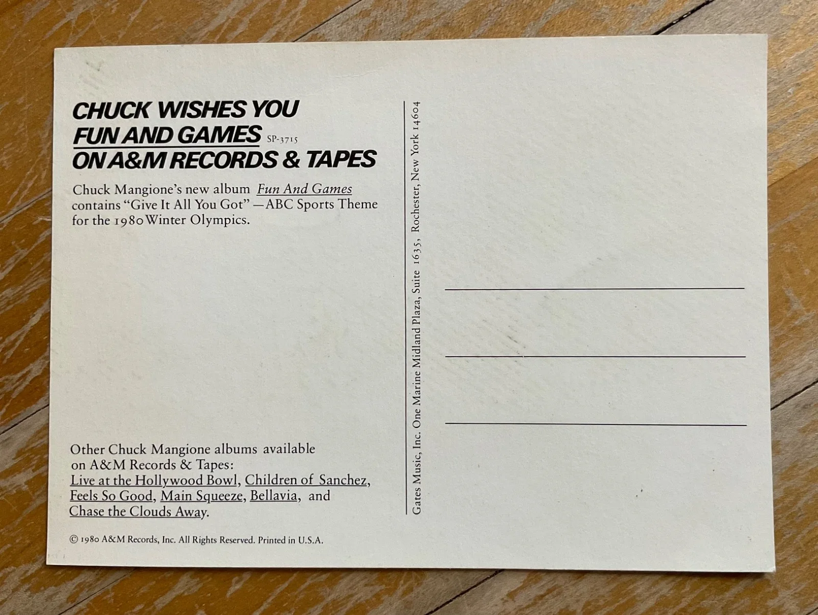 CHUCK MANGIONE HAND SIGNED AUTOGRAPHED = POSTCARD FUN AND GAMES, image 5