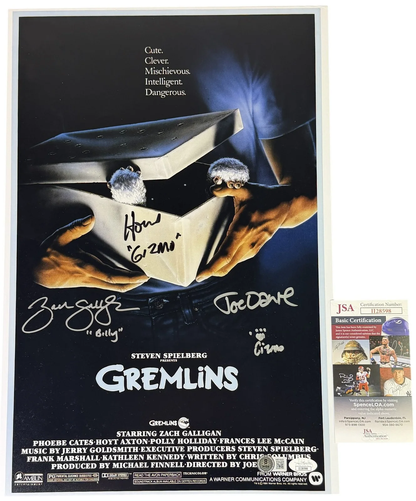 Howie Mandel, Joe Dante, & Zach Galligan — Howie Mandel, Joe Dante, & Zach Galligan CAST signed 12x18 Poster Gremlins JSA
