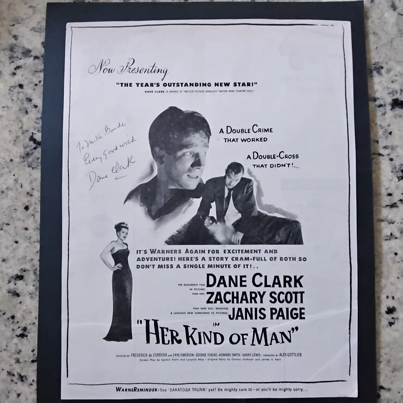 Dane Clark SIGNED 1946 Movie Ad Her Kind of Man Janis Paige Zachary Scott Drama, изображение 2