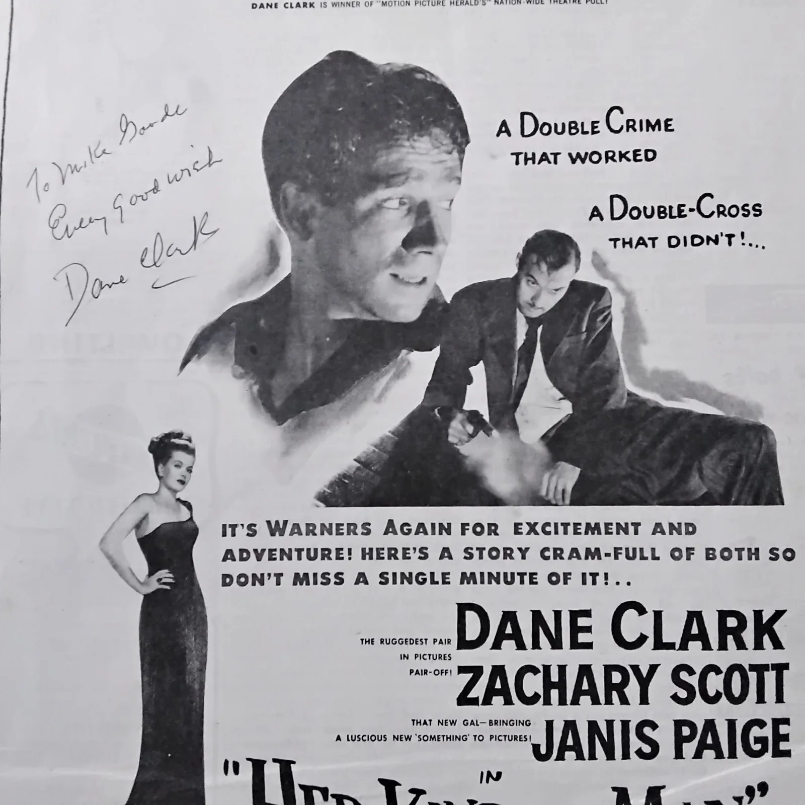Dane Clark SIGNED 1946 Movie Ad Her Kind of Man Janis Paige Zachary Scott Drama, изображение 3