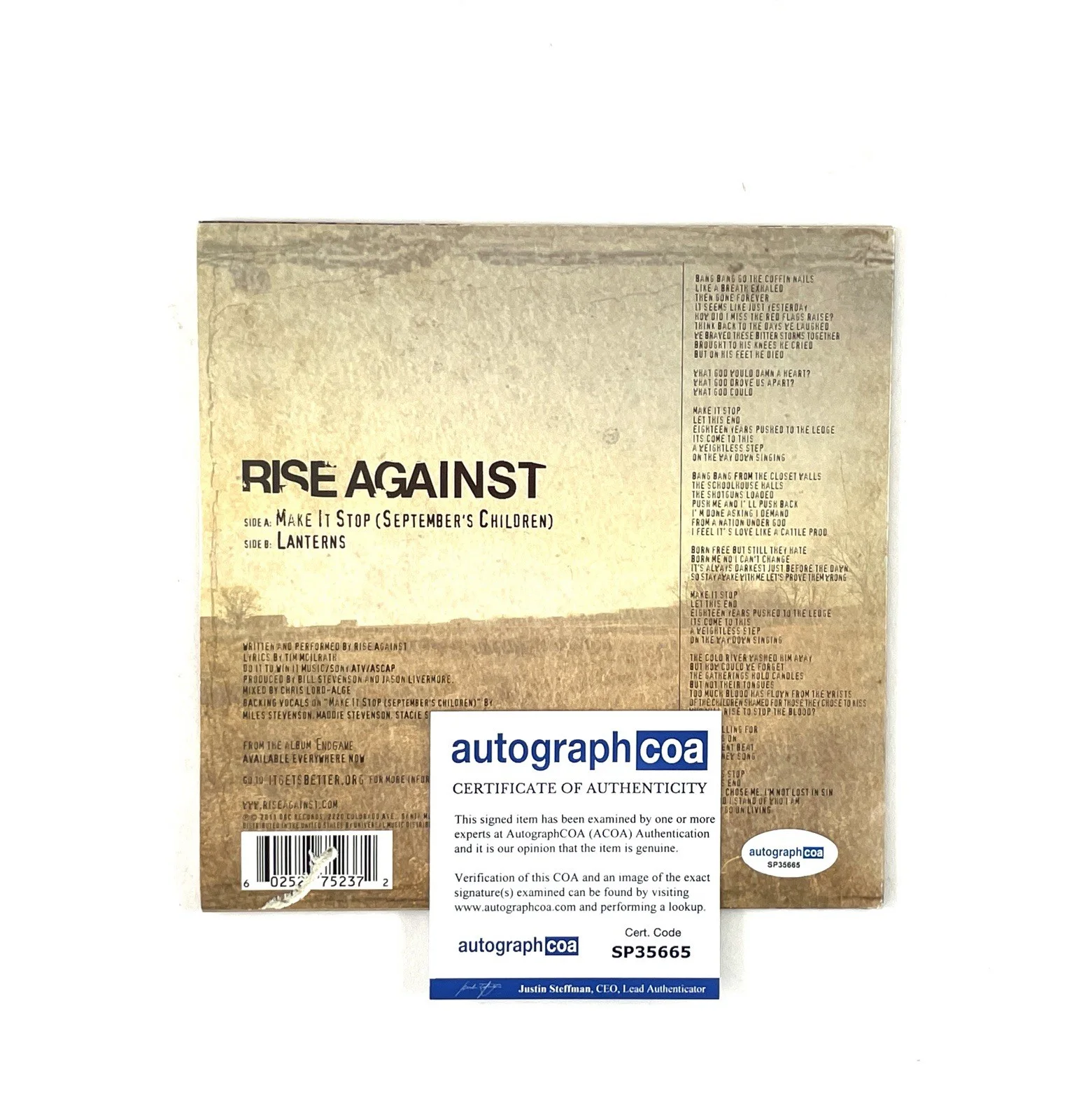 Rise Against Autographed Signed Make It Stop Limited Edition Clear Vinyl Record, image 3