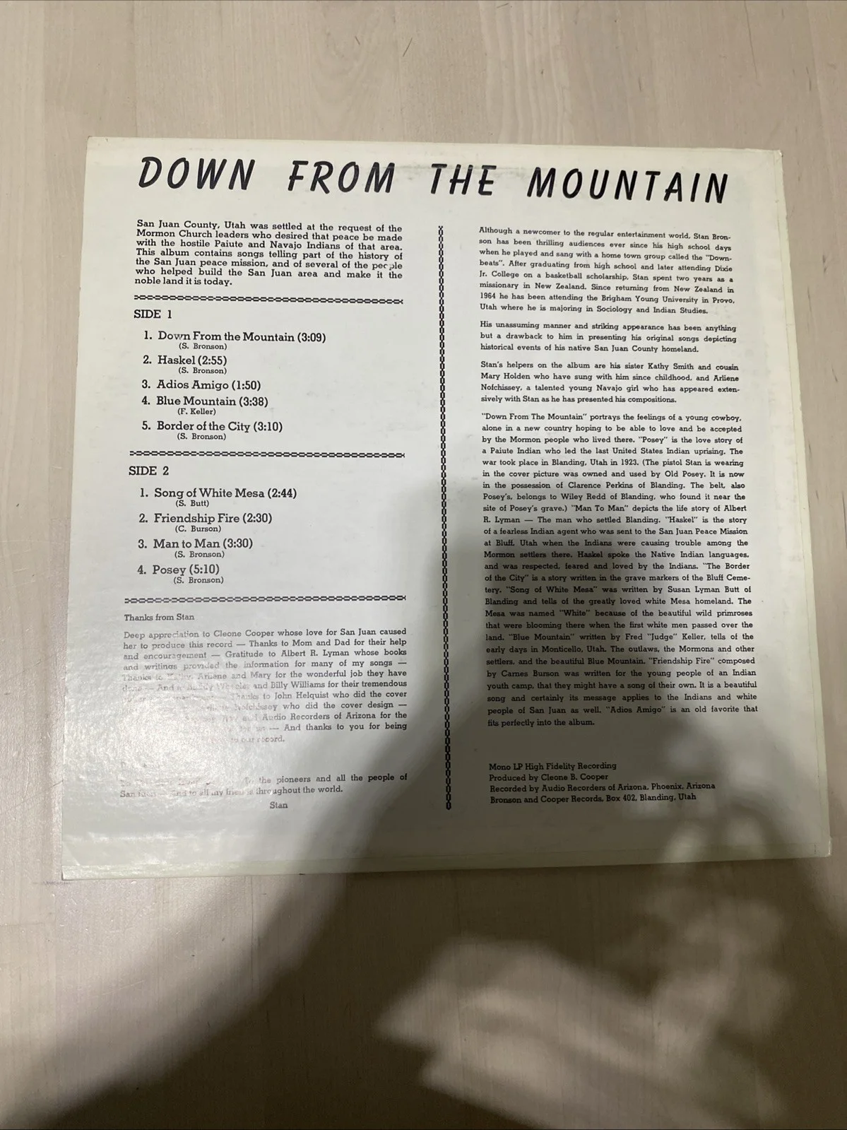 down from the Mountain Stan Bronson Signed Autographed vinyl L Lp Record Album, изображение 3
