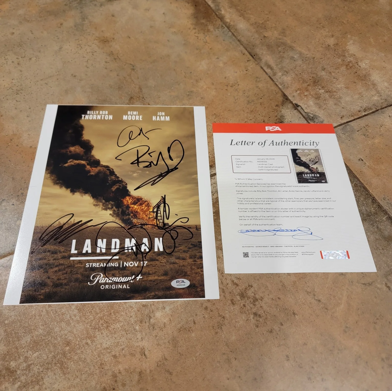 Billy Bob Thornton, Ali Larter, Jacob Lofland, Andy Garcia, Jerry — Landman cast 5X signed 11x14 photo PSA Billy Bob Thornton Jerry Jones Ali Larter