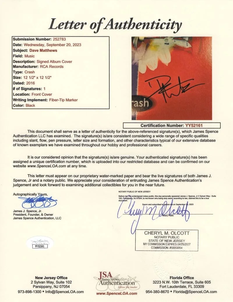Dave Matthews — Dave Matthews Signed Autograph Album Vinyl Record - Crash - Band DMB w/ JSA COA, изображение 3