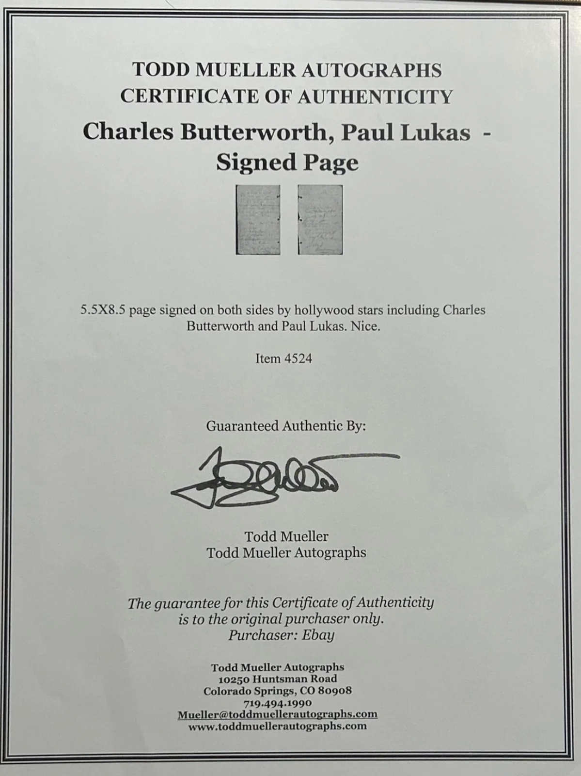 PAUL LUKAS CHARLES BUTTERWORTH—SIGNED w: COA—1 Oscar•James Whale•Astaire•Disney, изображение 3