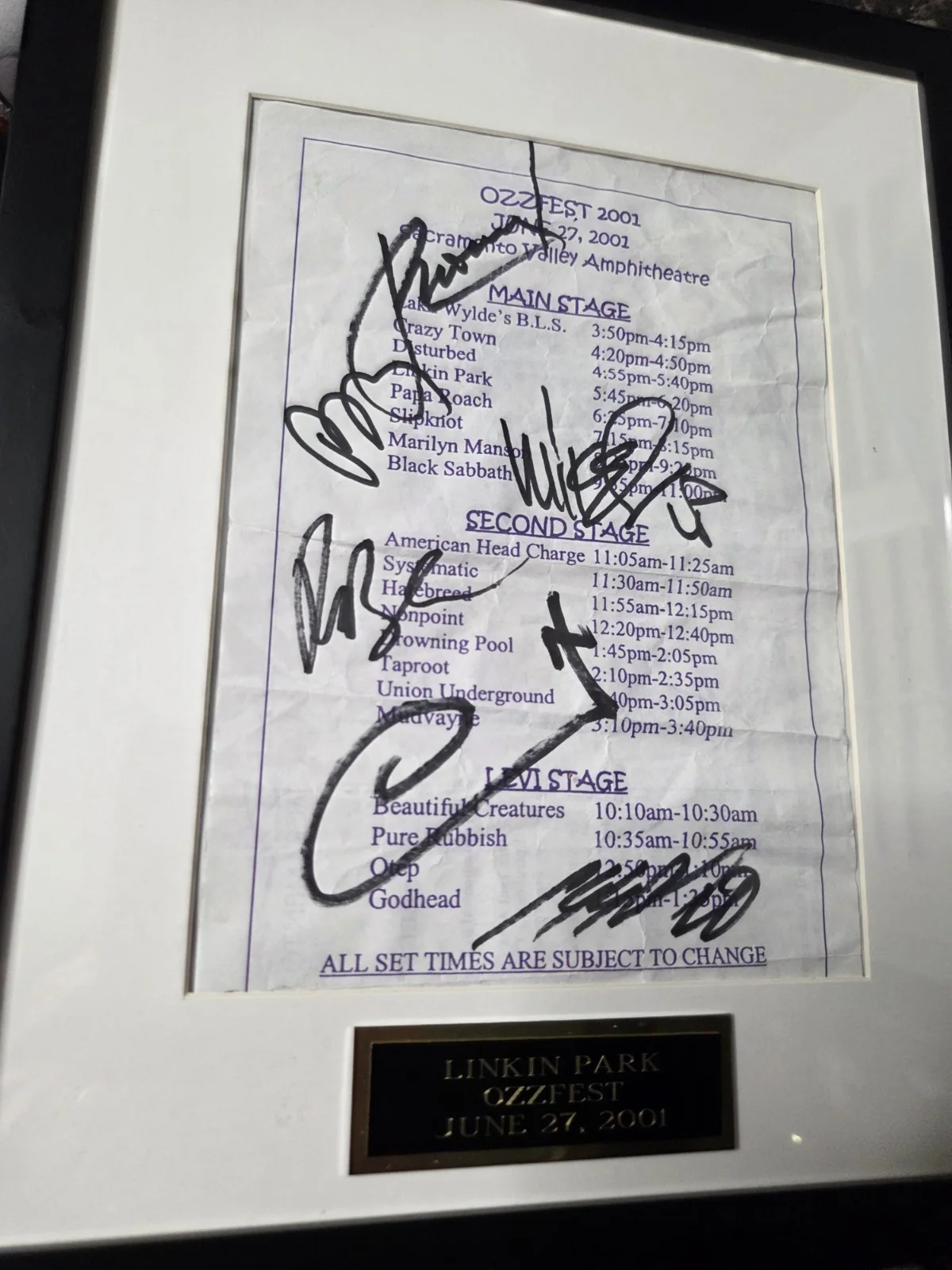 Linkin Park Full Band Signed W Chester RARE! 2001 Ozzfest Flyer Beckett W LOA, изображение 2