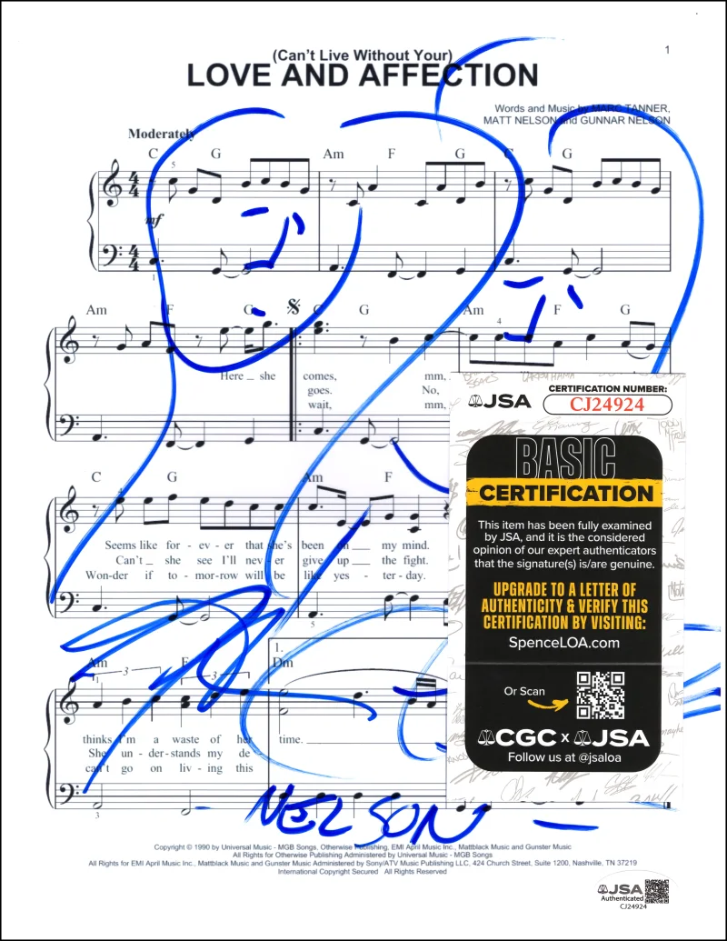 Gunnar Nelson, Matthew Nelson — Gunnar & Matthew Nelson Signed Autograph Love & Affection Sheet Music Sketch JSA, изображение 2