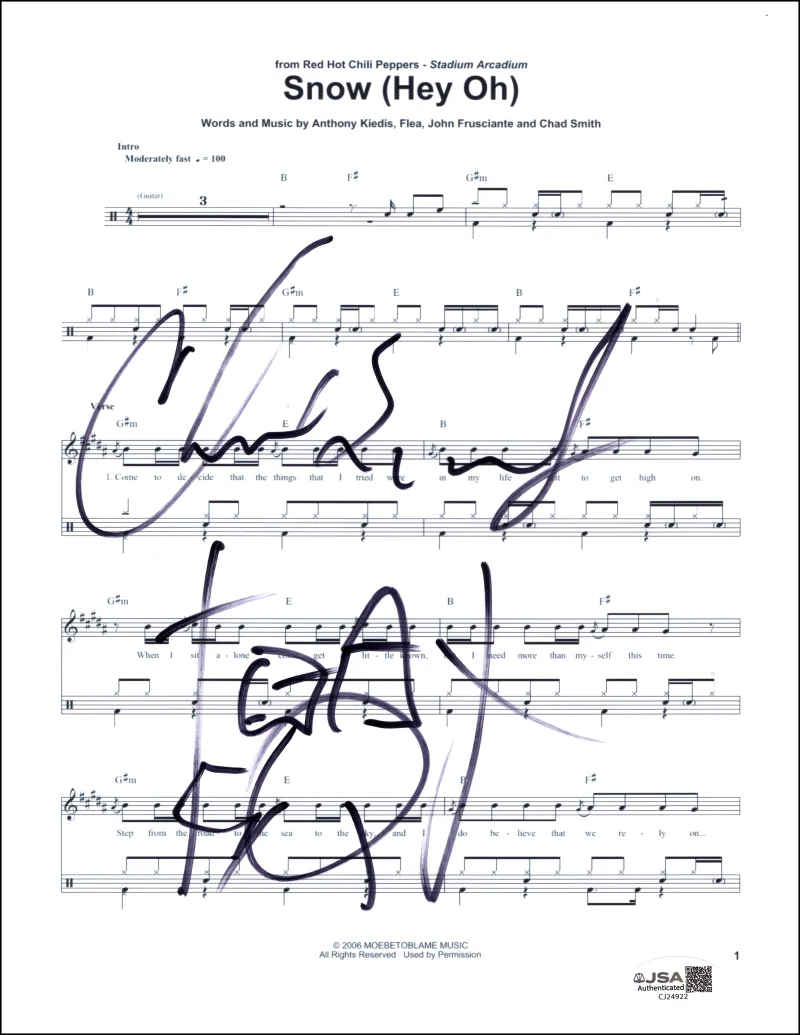 Chad Smith — Chad Smith Signed Autograph Chili Peppers Snow Sheet Music w/ Drum Sketch COA