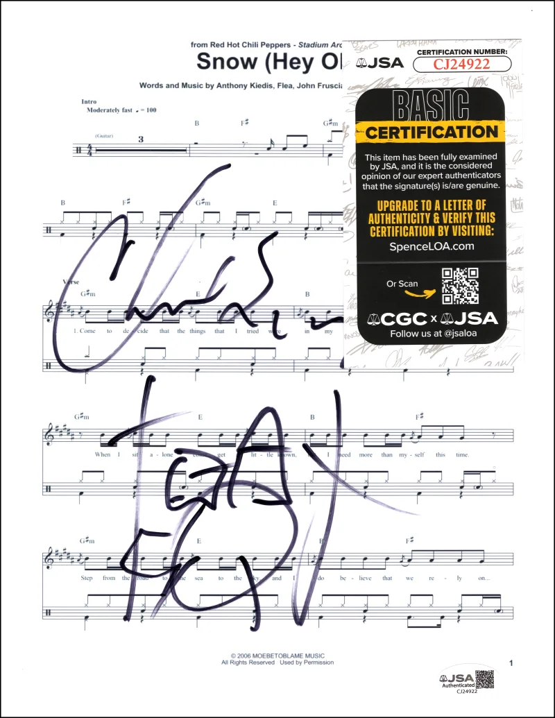 Chad Smith — Chad Smith Signed Autograph Chili Peppers Snow Sheet Music w/ Drum Sketch COA, изображение 2