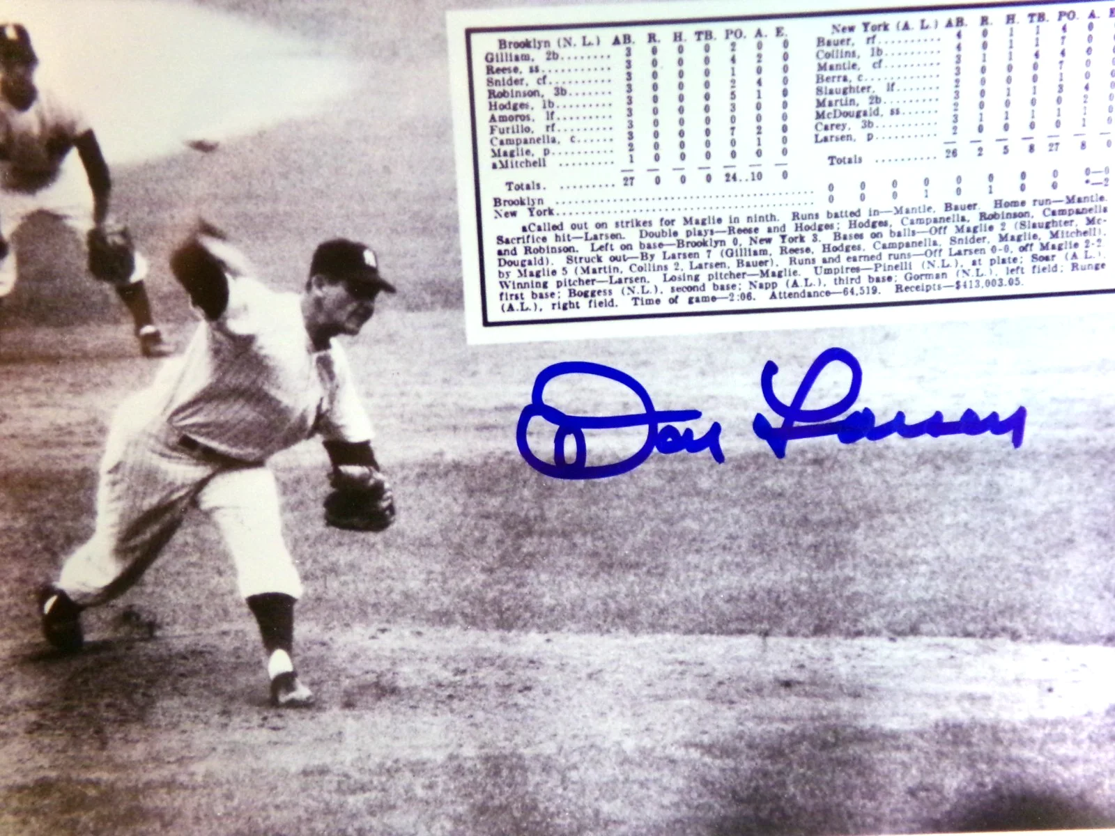 Autograph DON LARSON New York Yankees pitcher / signed 8x10 glossy photo, изображение 2