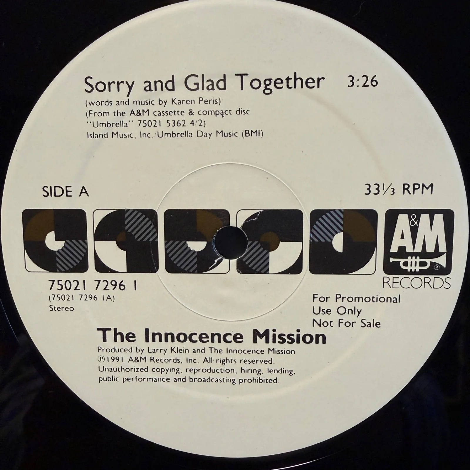 AUTOGRAPHED - THE INNOCENCE MISSION "Sorry and Glad Together" A&M promo vinyl US, изображение 3
