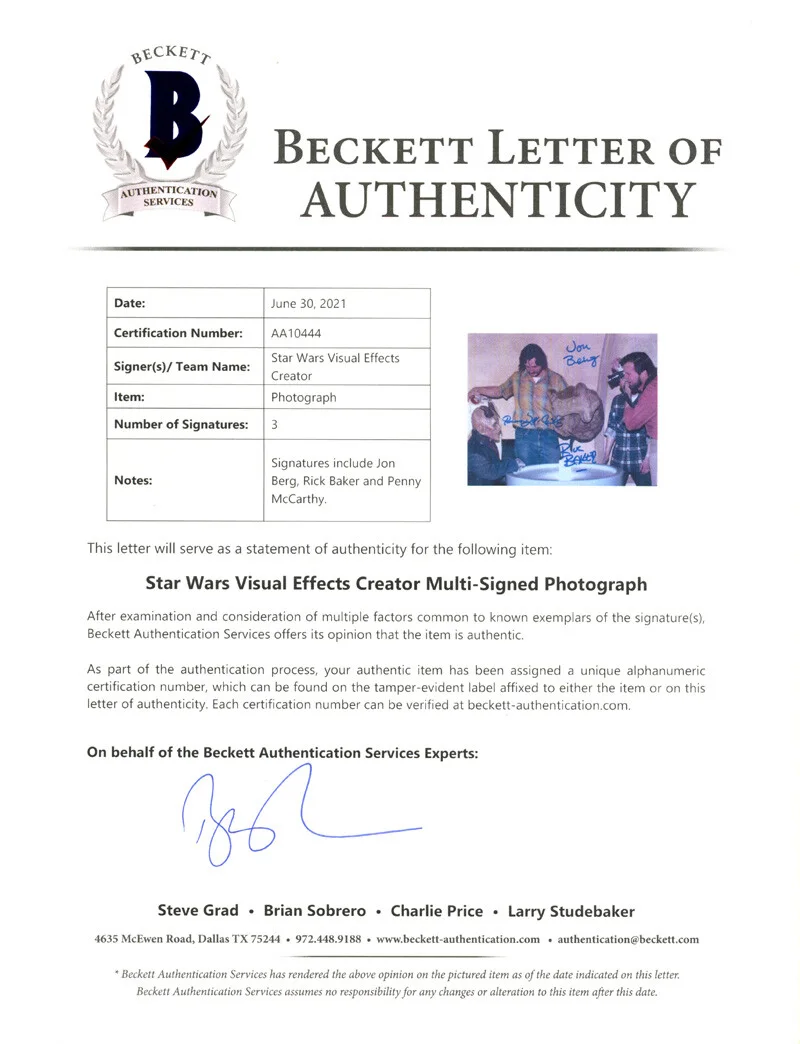VFX CANTINA CREATORS BERG BAKER MCCARTHY SIGNED 8x10 PHOTO STAR WARS BECKETT BAS, image 2