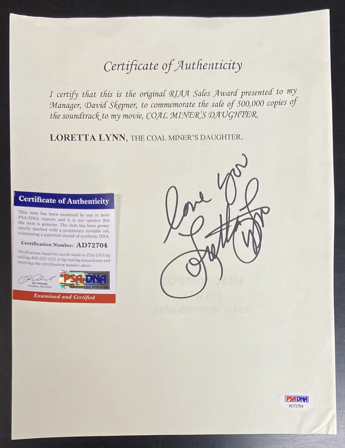 LORETTA LYNN Coal Miner's Daughter RIAA Award With Autographed Signed Letter, изображение 3