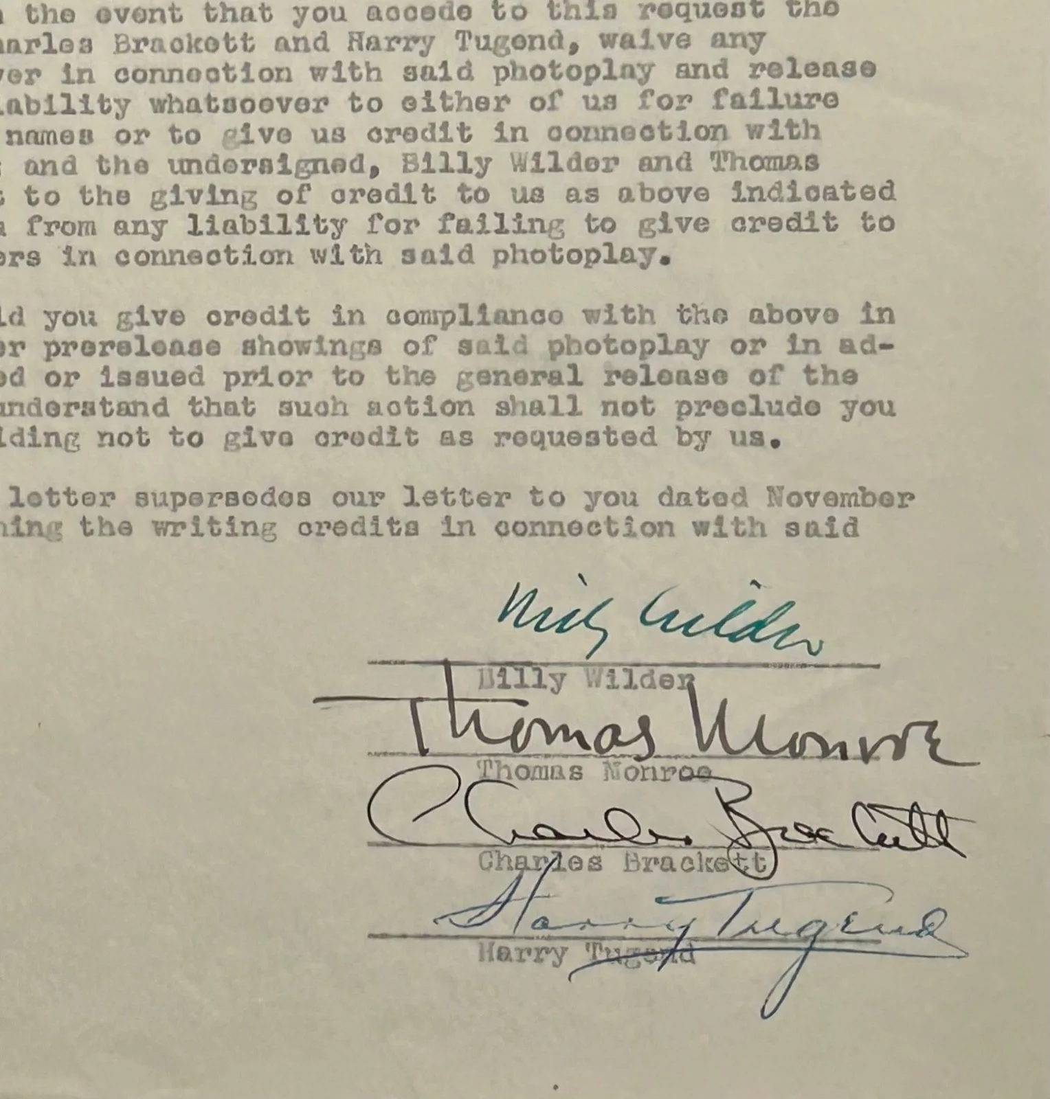 CHARLES BRACKETT BILLY WILDER HARRY TUGEND TOM MONROE SIGNED GOLDWYN CONTRACT, image 2