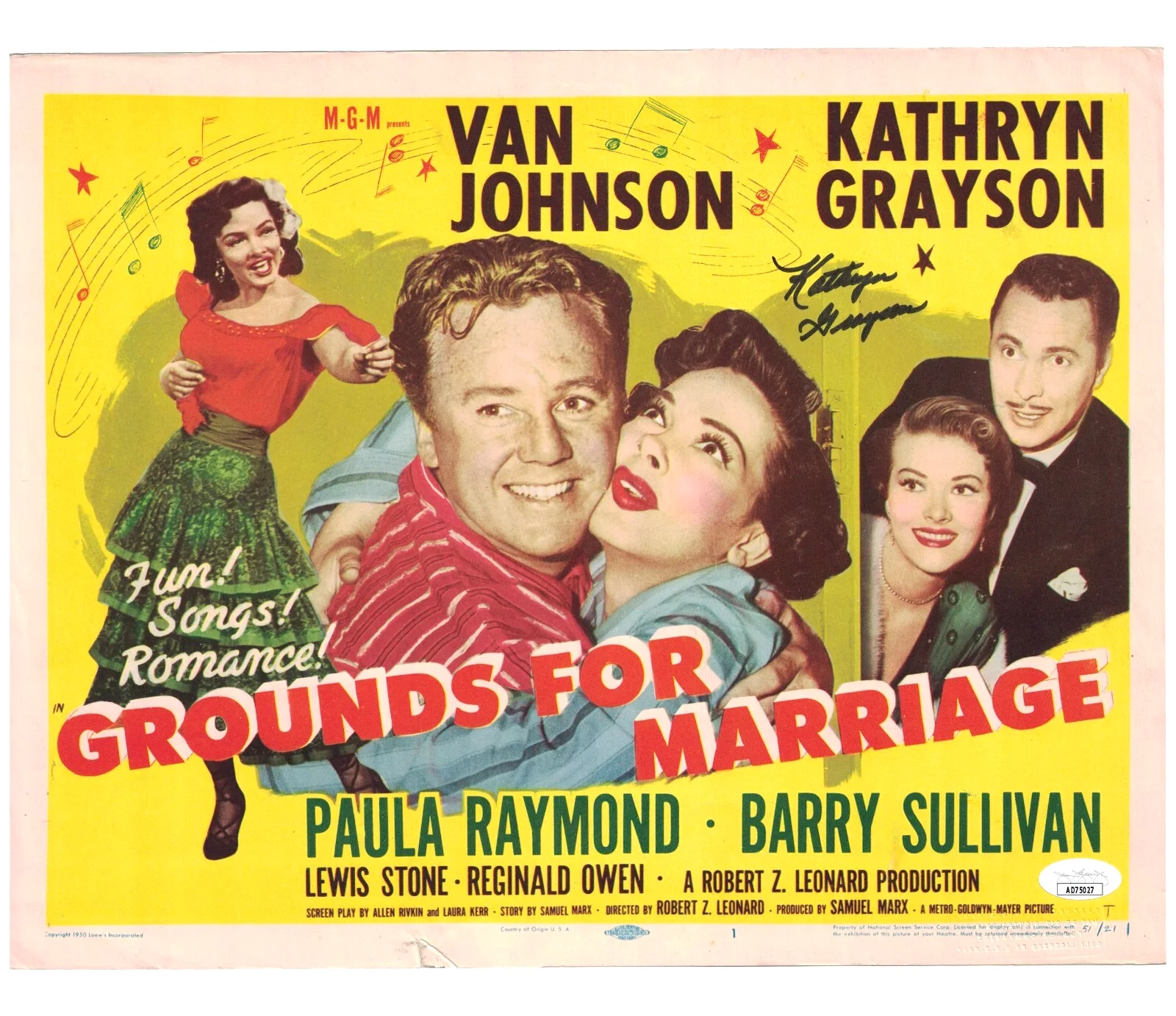 Kathryn Grayson — KATHRYN GRAYSON JSA Autographed 11X14 1950 MGM Lobby Card FREE SHIP! JSA not PSA