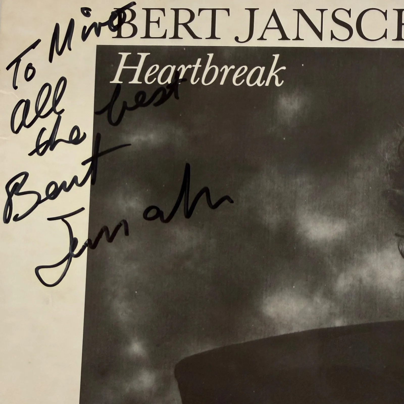 AUTOGRAPHED BERT JANSCH "Heartbreak" USA vinyl album Hannibal HNBL 1312 NM, изображение 2