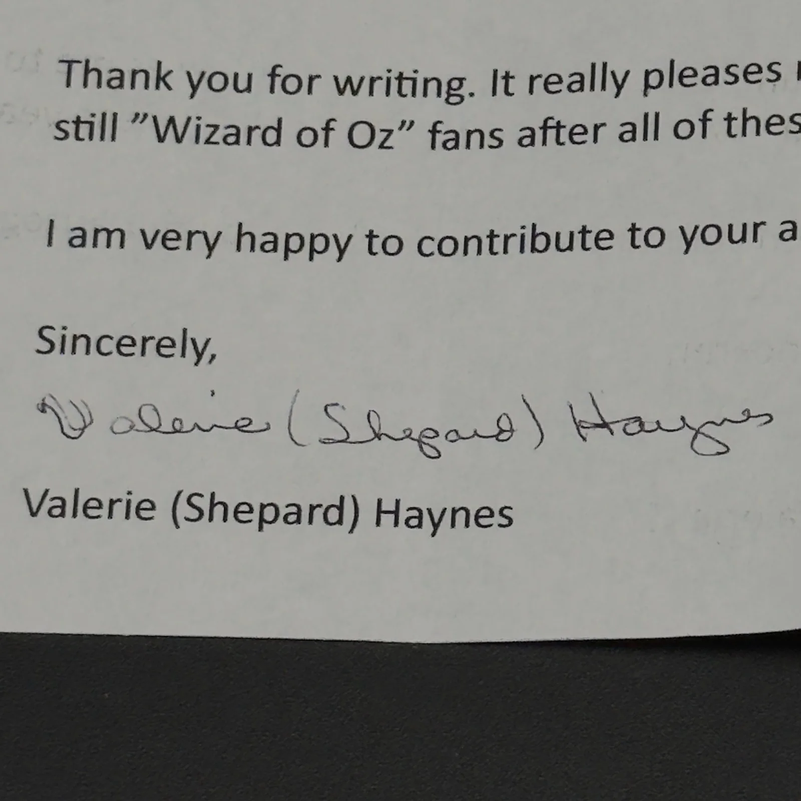 Valerie Shepard Hayes — Valerie (Shepard) Haynes Signed Letter — Authentic "Wizard of Oz" Autograph!, изображение 2